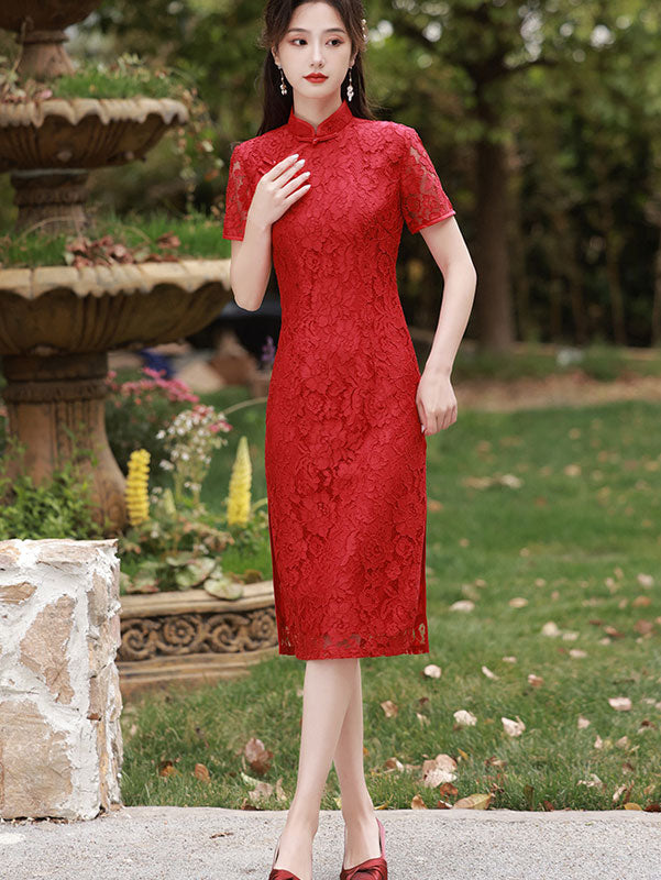 Elegant Red Floral Lace Wedding Qipao Cheongsam Dress - Traditional Chinese Bridal Gown for Weddings, Parties & Special Occasions