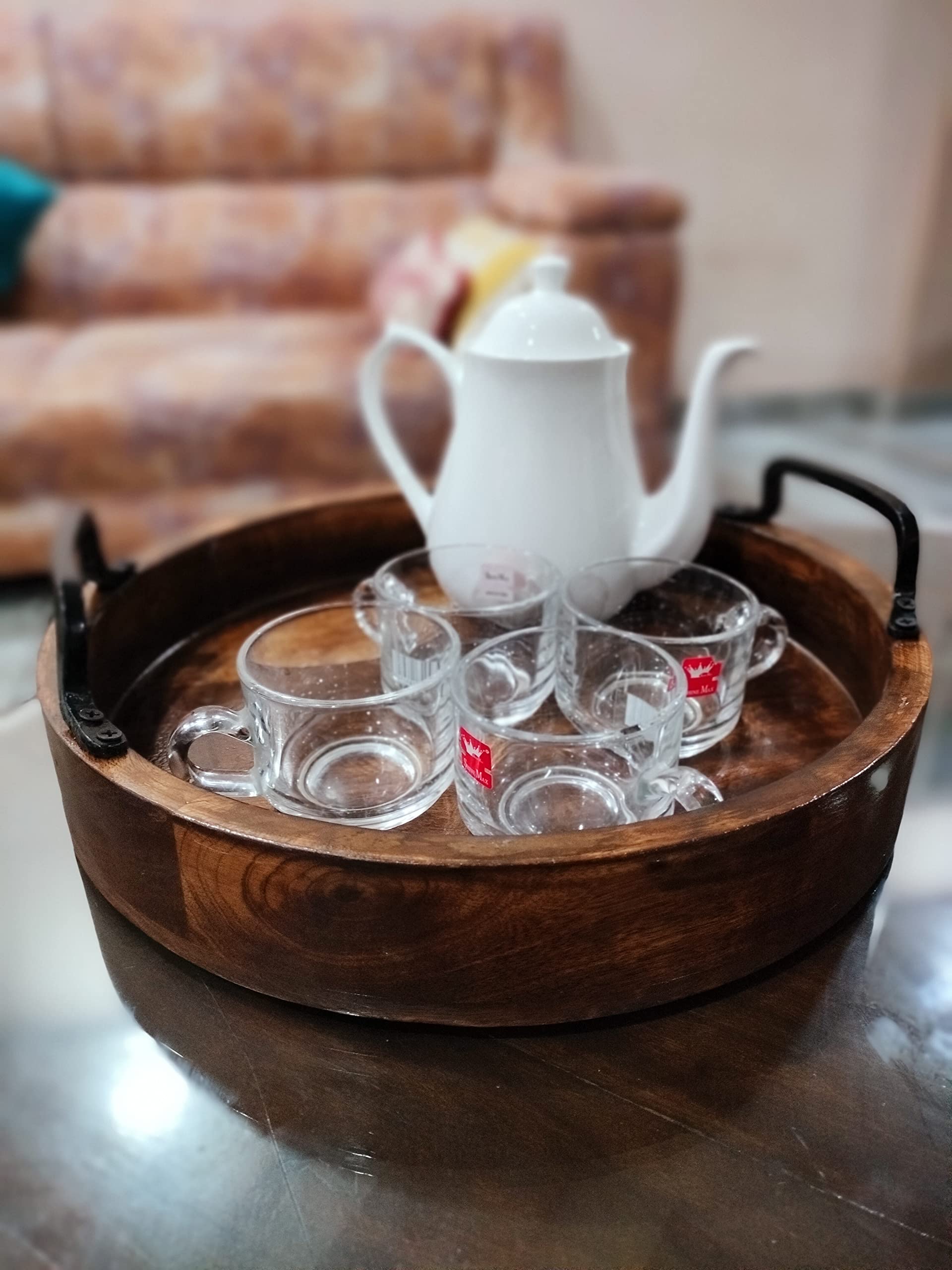 Handcrafted Rustic Wooden Serving Trays Set of 2 - Round Antique Brown Wood Trays with Handles for Kitchen, Dining, Coffee Table Decor & Entertaining