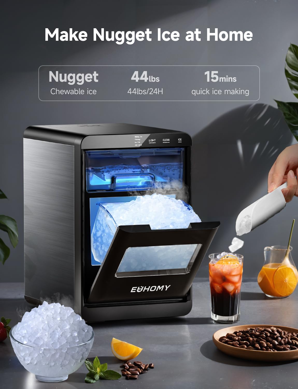 EUHOMY 44Lbs/24H Countertop Nugget Ice Maker with Self-Cleaning, Ice Scoop & Basket - Portable Pebble Ice Machine for Cocktails, Sodas, Smoothies - Perfect for Home Kitchen, Office, Bar (Black)