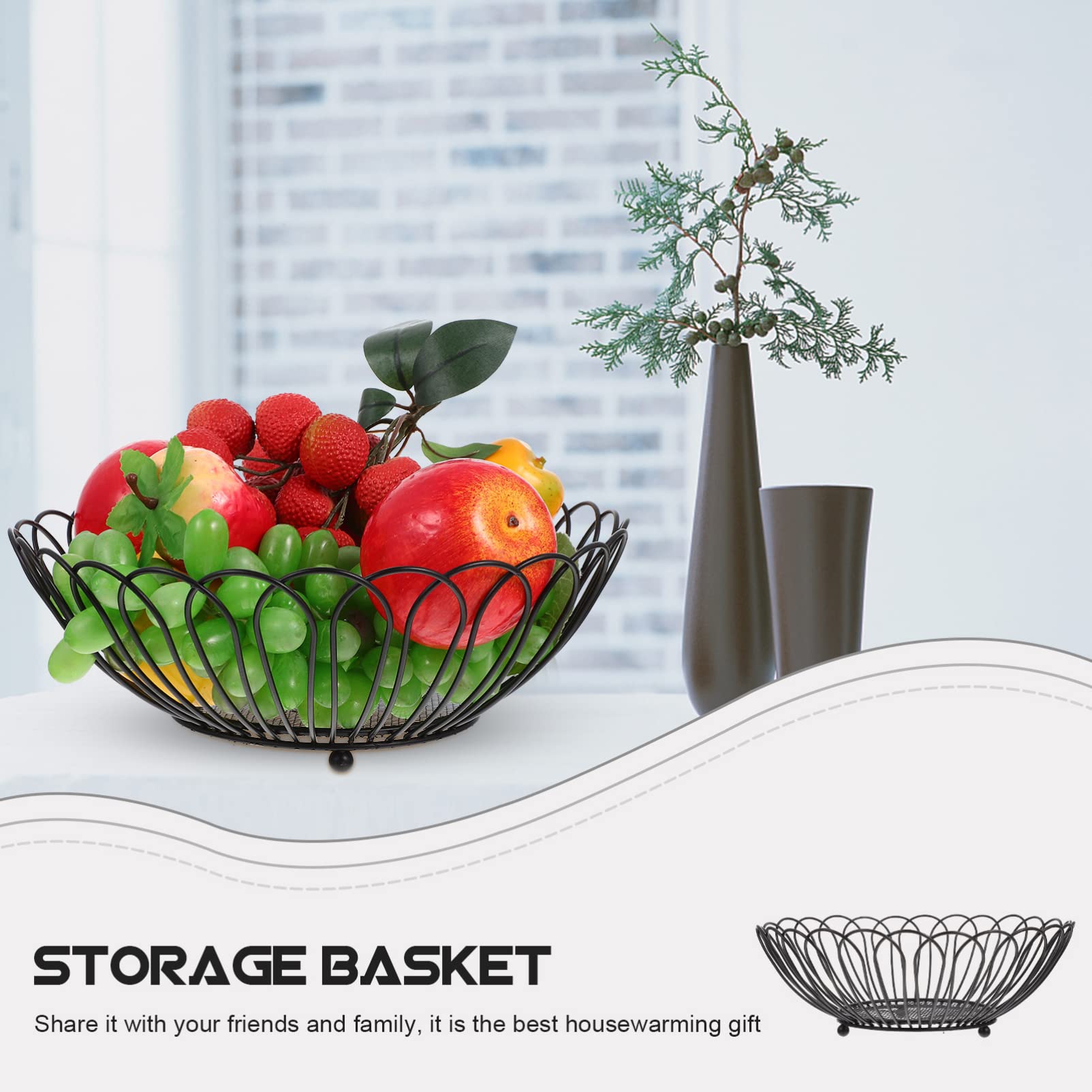 Angoily Round Wire Basket - Metal Fruit & Vegetable Storage Basket, Iron Arts Bread Bowl Stand - Decorative Snacks Holder & Candy Dish for Kitchen Countertop, Dining Room Table - Perfect for Organizing Produce, Displaying Bread, or Serving Snacks at Parties (Black)
