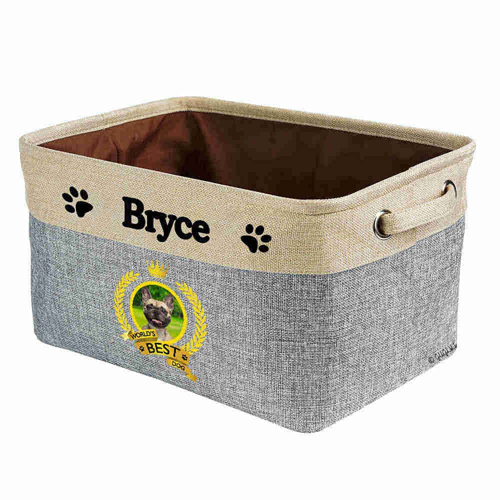 Foldable Pet Toy Storage Basket with Handles - Custom Name Collapsible Organizer for Dog & Cat Toys - Perfect for Bedroom, Closet & Home Organization (Gray)