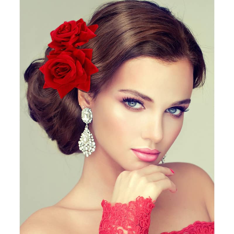 BELICIA 2 Pack Dark Red Rose Flower Hair Clips for Women - Elegant Wedding Hair Accessories, Flamenco Dancer Hairpins (Perfect for Bridal, Prom, Party & Special Occasions)