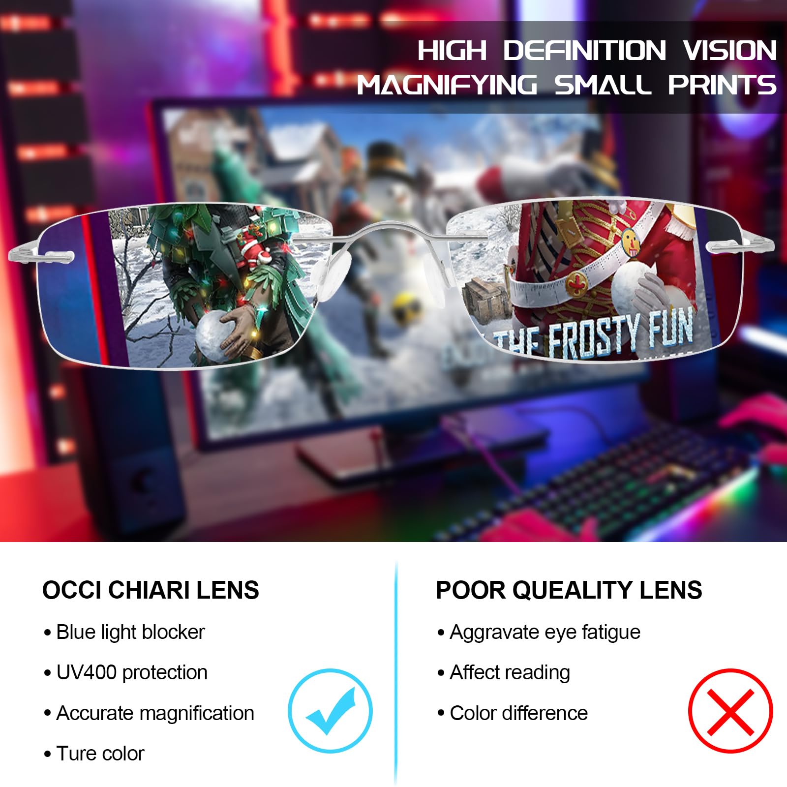 OCCI CHIARI Blue Light Blocking Reading Glasses for Men & Women - Titanium Frameless Computer Glasses with Anti-Reflective Coating (Lightweight +2.00 Strength) - Perfect for Office Work, Gaming & Digital Screen Use