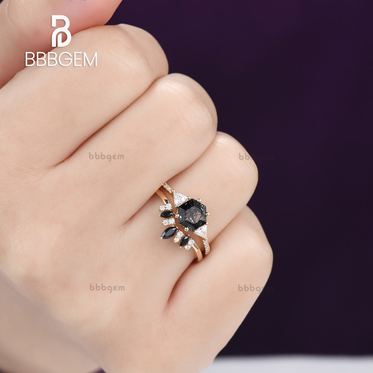 Three Stone Ring Set with Hexagon Cut Black Rutilated Quartz & Triangle Moissanite Side Stones in 18K Yellow Gold - Elegant Engagement, Wedding, or Anniversary Jewelry Gift