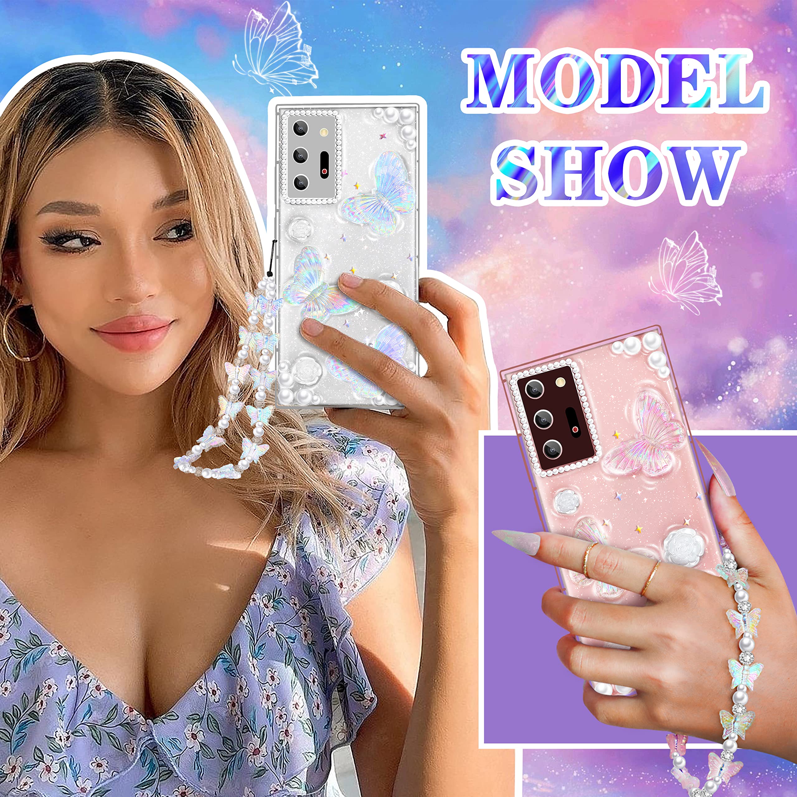**Goocrux 3-in-1 Case for Samsung Galaxy Note 20 Ultra – 3D Butterfly Clear Glitter Phone Case with Chain & Screen Protector | Stylish Aesthetic for Women & Teen Girls | Cute Sparkly Girly Design for Everyday Use & Parties**