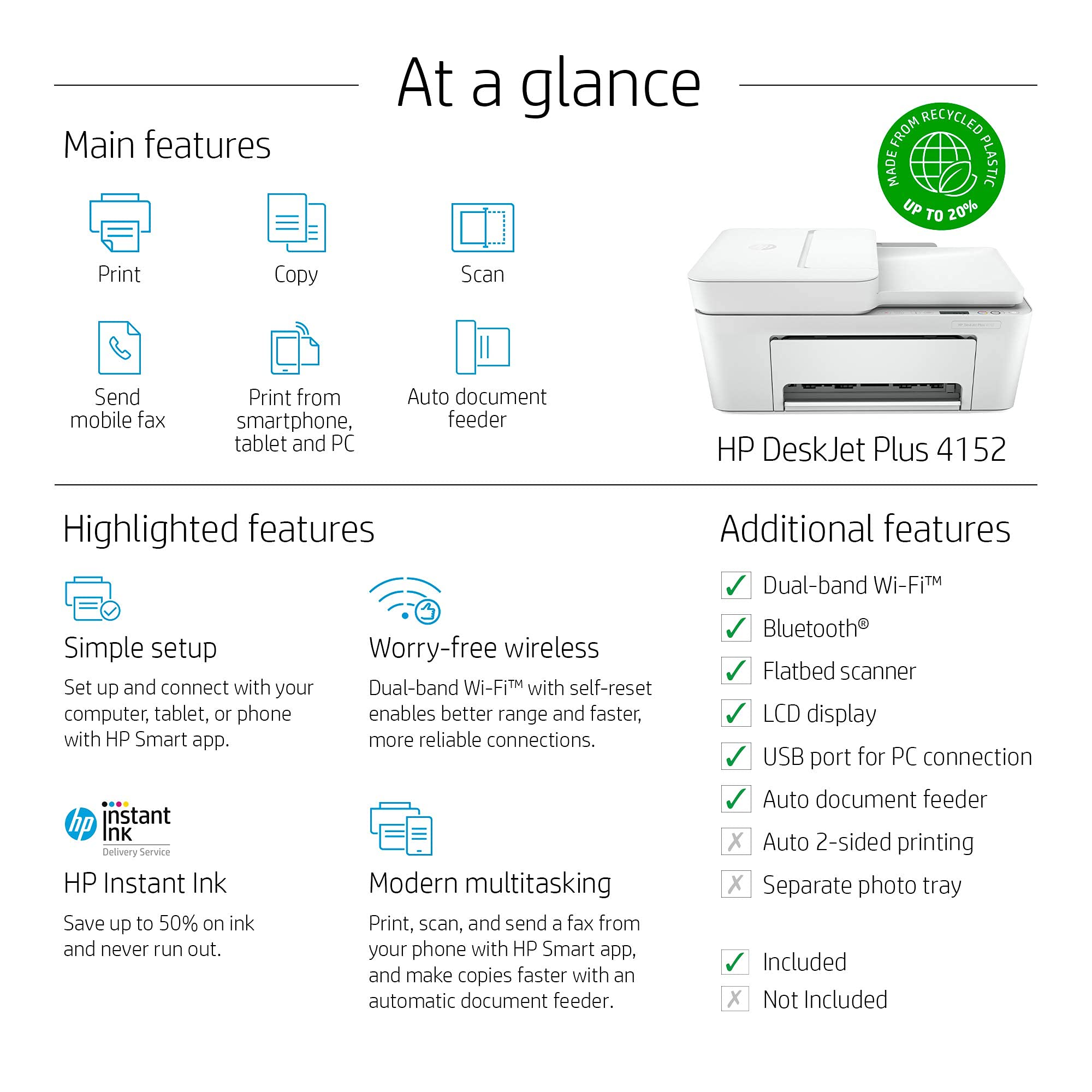 HP DeskJet Plus 4152 All-in-One Wireless Color Inkjet Printer with Scanner & Copier - Mobile Printing, Instant Ink Ready, Built-in USB & WiFi - Ideal for Home Office & Small Business (Renewed) | Print Documents, Photos, School Projects & Work Reports
