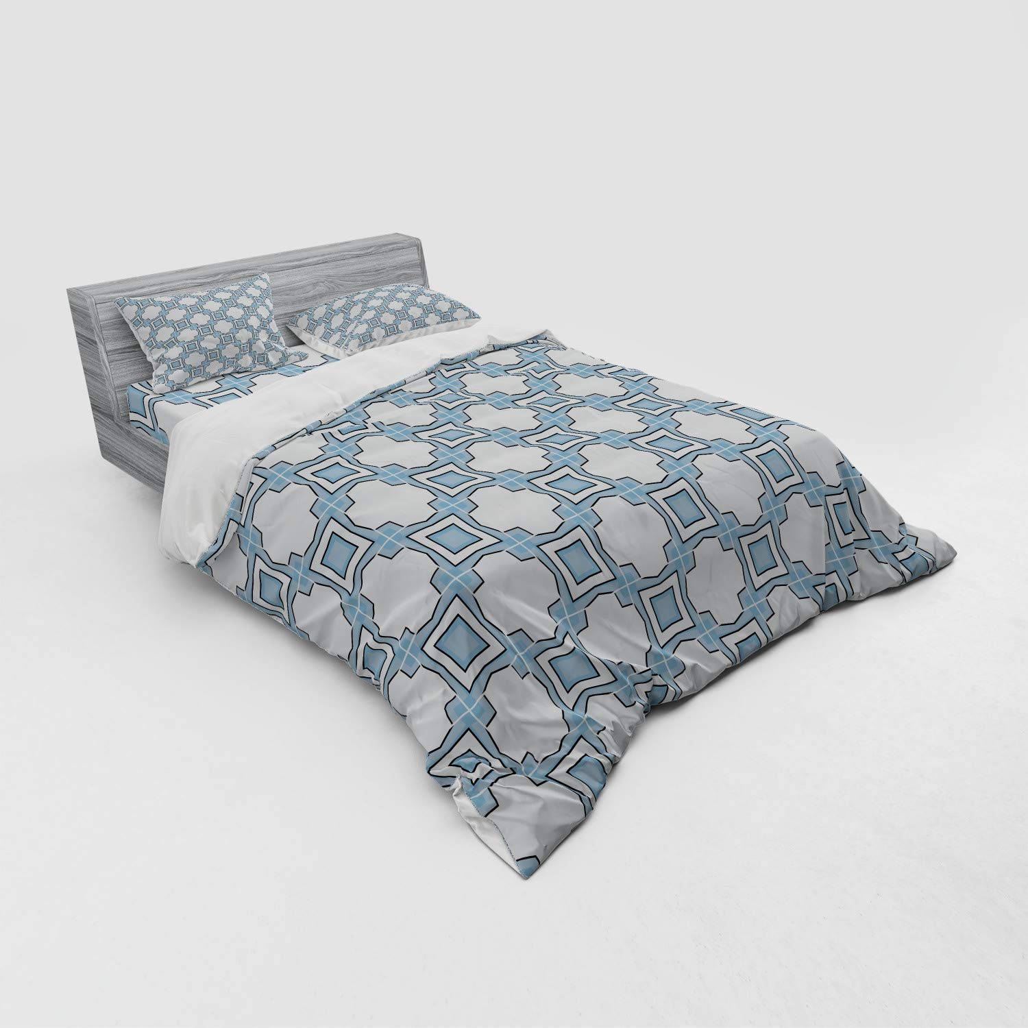Ambesonne European Queen Size Bedding Set - Portuguese Style Geometric Abstract Print Duvet Cover with Shams & Fitted Sheet, Blue & White | Luxury Bedroom Decor for Modern Homes