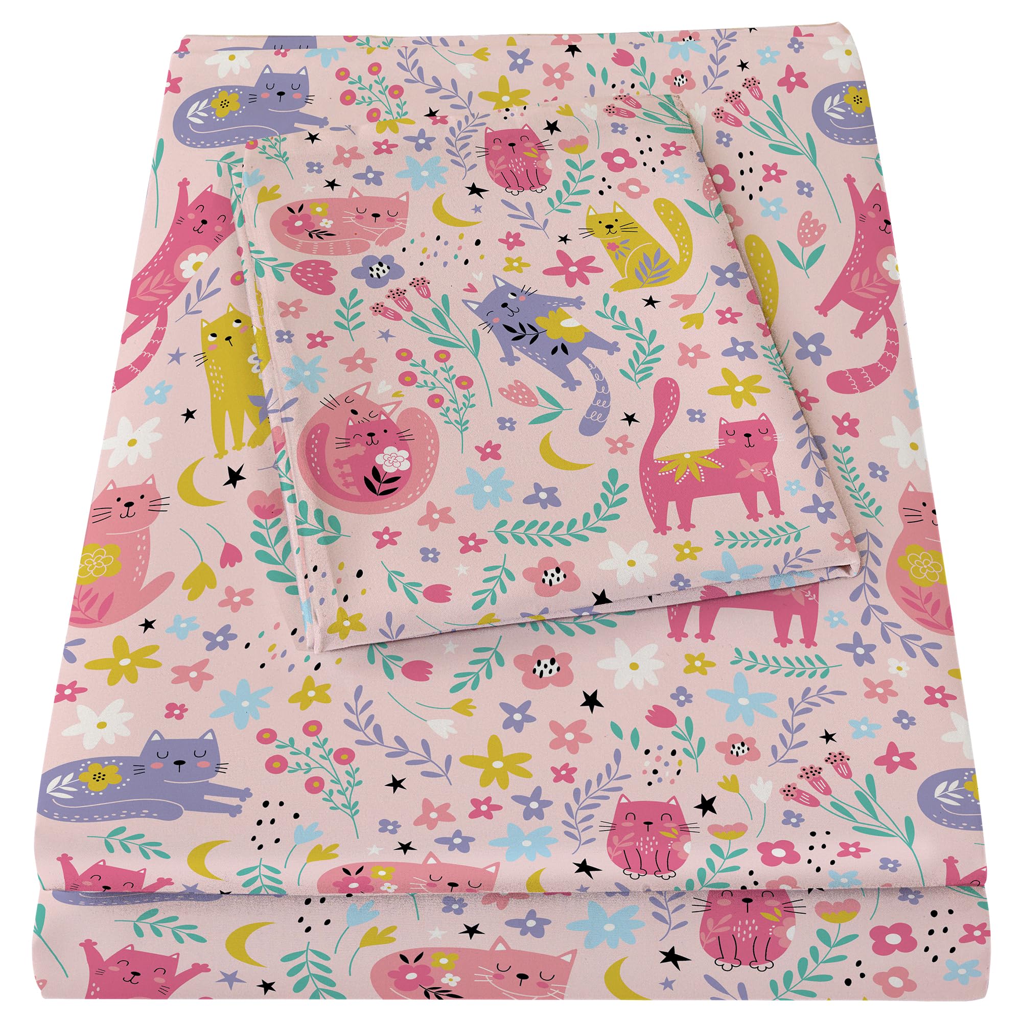 Cute Pink Cat Twin Sheets for Girls - Soft Microfiber Bedding Set with Pillowcases & Corner Straps - Perfect for Kids' Room Decor and Cozy Sleep
