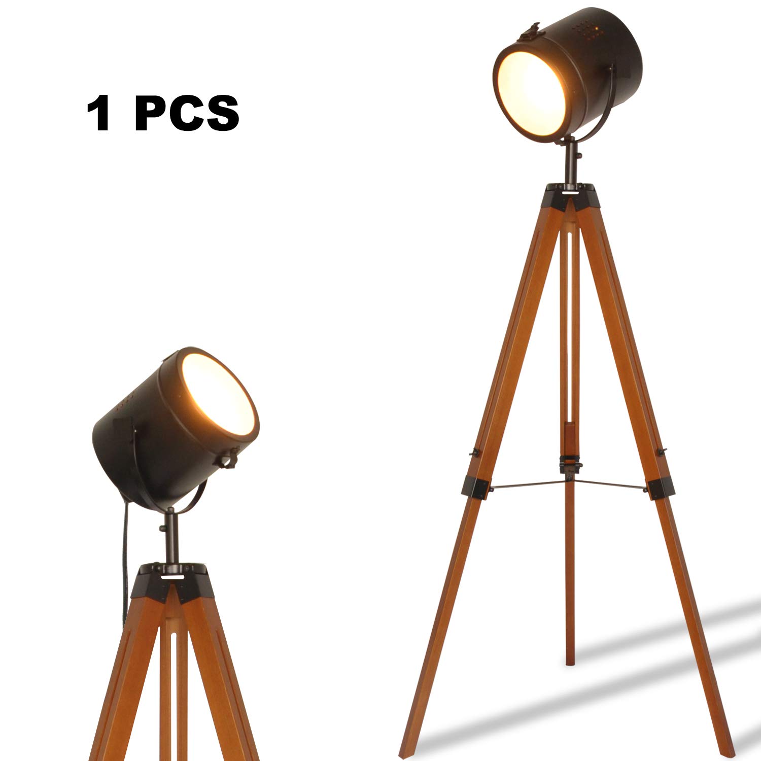 Farmhouse Tripod Floor Lamp - Industrial Adjustable Standing Light with Wooden Legs & Black Metal Spotlight, E26 Fixture for Living Room, Bedroom, Office - Perfect for Reading, Relaxing & Modern Home Decor