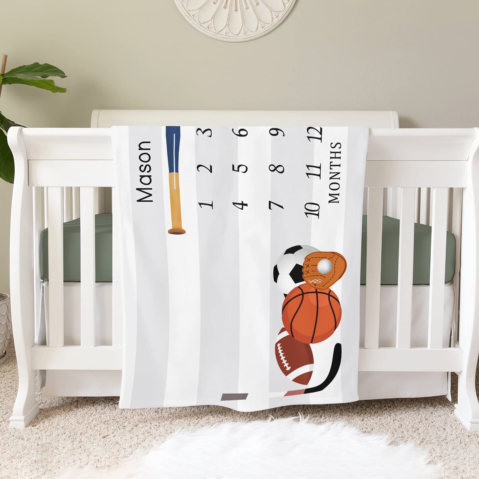 Personalized Baby Swaddle Blanket with Name - Custom Sport Ball Monthly Milestone Receiving Blanket for Newborns, Girls & Boys (30x40 Inches) - Perfect Baby Shower Gift & Nursery Essential for Crib, Photo Shoots & Milestone Celebrations