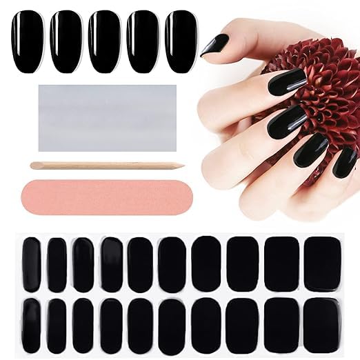 20PCS Semi Cured Gel Nail Polish Strips - Black Full Wrap Nail Art Stickers with Adhesive | Waterproof DIY Gel Nail Wraps Kit Includes Nail File & Stick (UV/LED Lamp Required) | Perfect for Salon, Home Manicure & Party Nail Designs