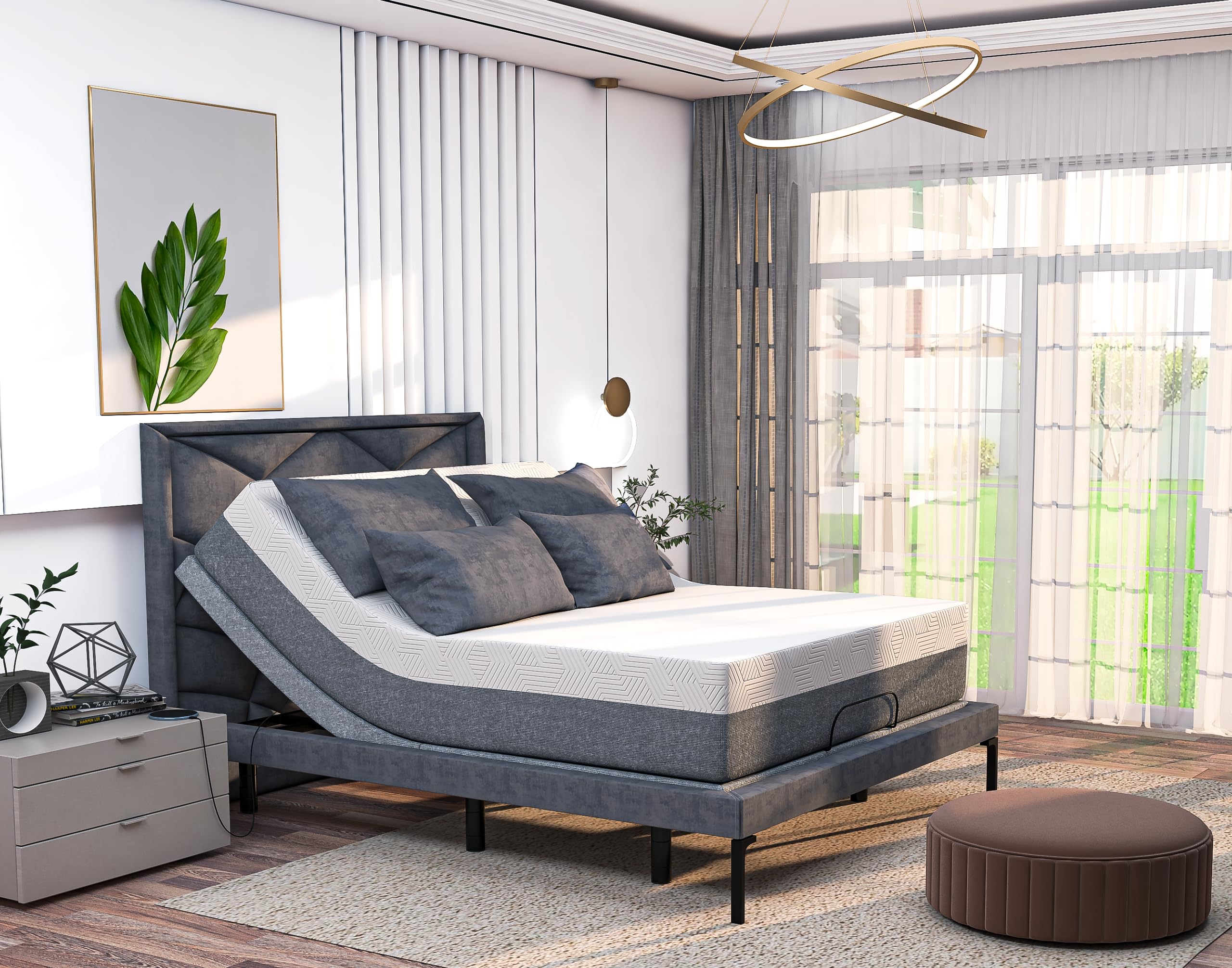 SFE Adjustable Bed Frame with Hybrid Memory Foam Mattress - Queen Size Electric Massage Bed, USB Charging Ports & Underbed Lighting, Wireless Remote Control - Perfect for Home, Bedroom, Office, and Relaxation