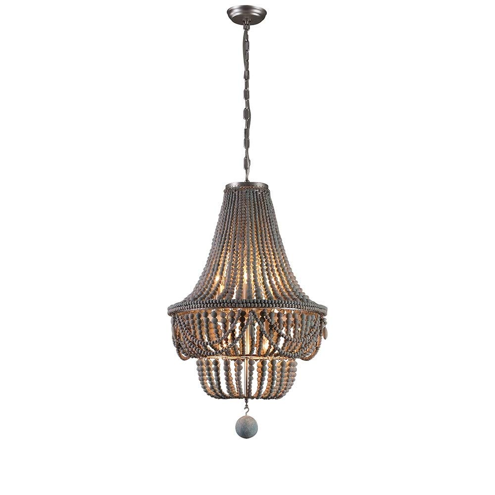 LOVEDIMA Wood Beaded Chandelier - Boho Empire Ceiling Light Fixture, Retro Classic 8-Light Pendant in Gray & Blue - Perfect for Dining Room, Bedroom, or Living Room Decoration