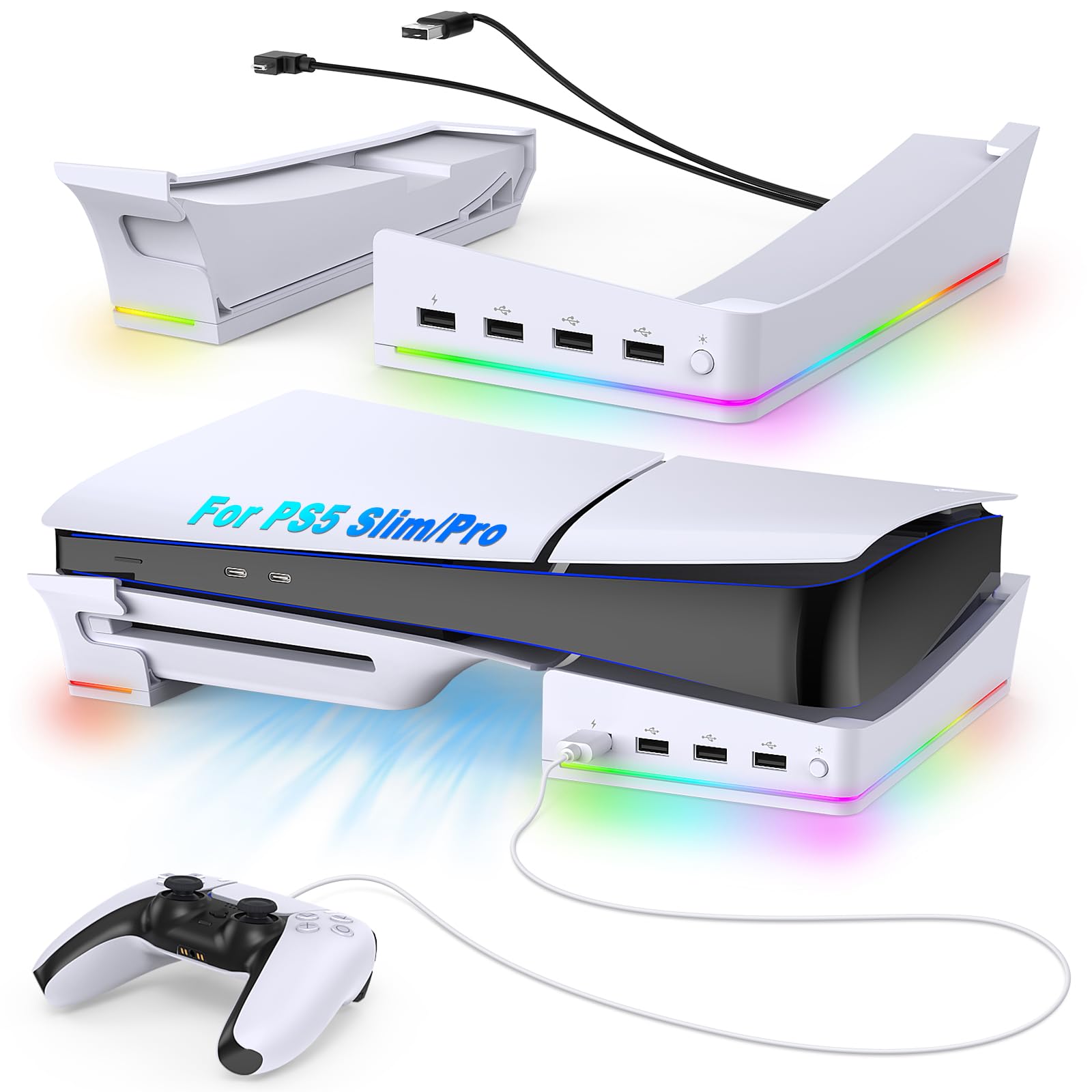 Auarte RGB Horizontal Stand for PS5 Pro & Slim Console - 14 Light Modes, 4 USB Hubs, Controller Charging - Side Stand Base Holder for Playstation 5 Pro/Slim (Disc & Digital Edition) - Perfect for Gaming Setup & Entertainment Center - White