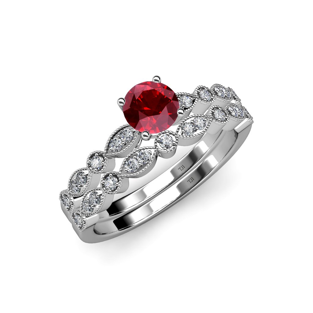 1.30ctw 14K White Gold Ruby & Diamond Marquise Engagement Ring & Wedding Band Set for Women - Perfect for Proposals, Anniversaries & Bridal Jewelry