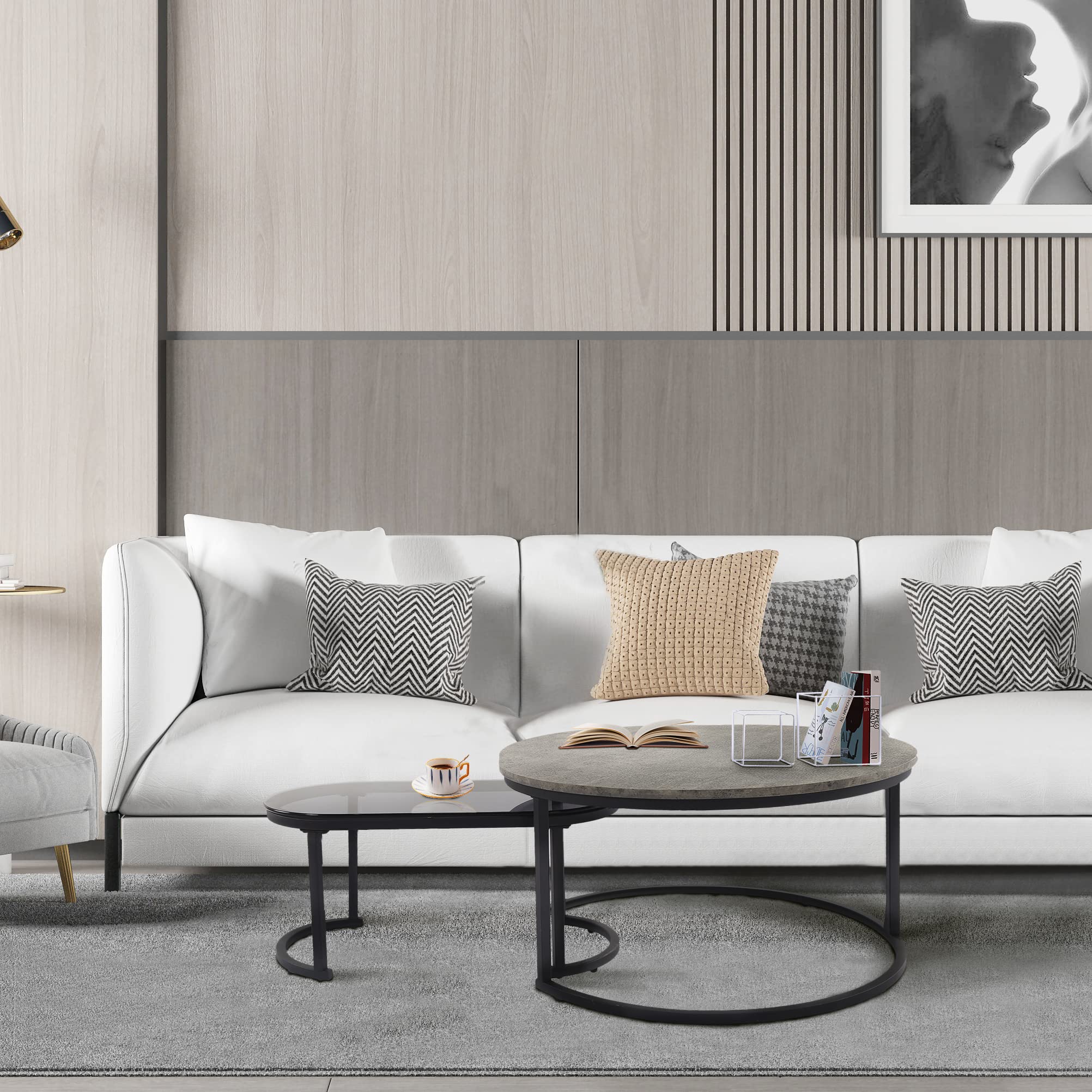 Modern Nested Coffee Table Set with Metal Frame & Fiberboard Top - Space Saving Sofa Tables for Small Living Rooms, Apartments & Dorm Rooms (Black & Gray) | Perfect for Coffee, Books & Living Room Decor