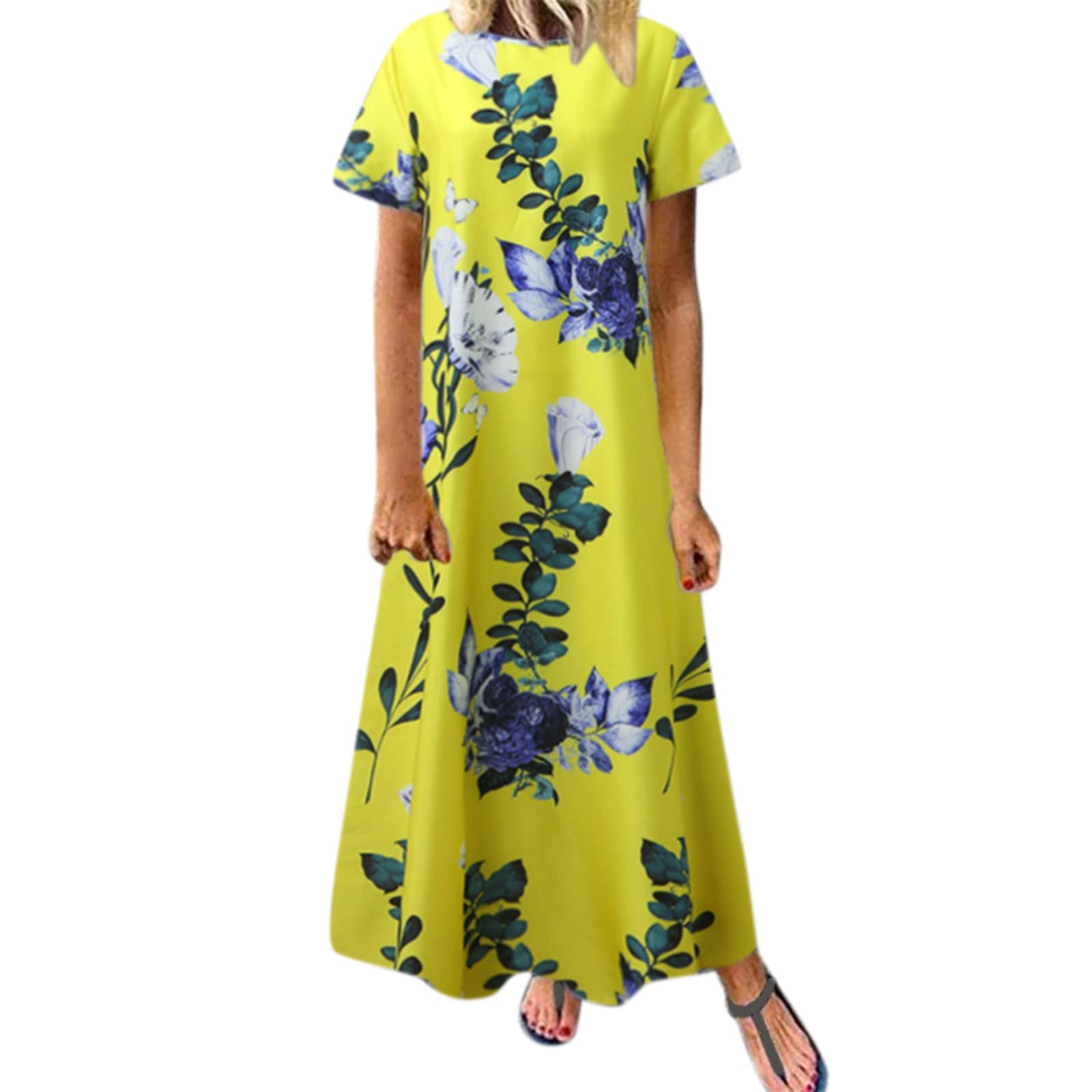 Floral Print Women's Casual Summer Dress - Round Neck Short Sleeve Plus Size Dress for Beach, Vacation & Everyday Wear
