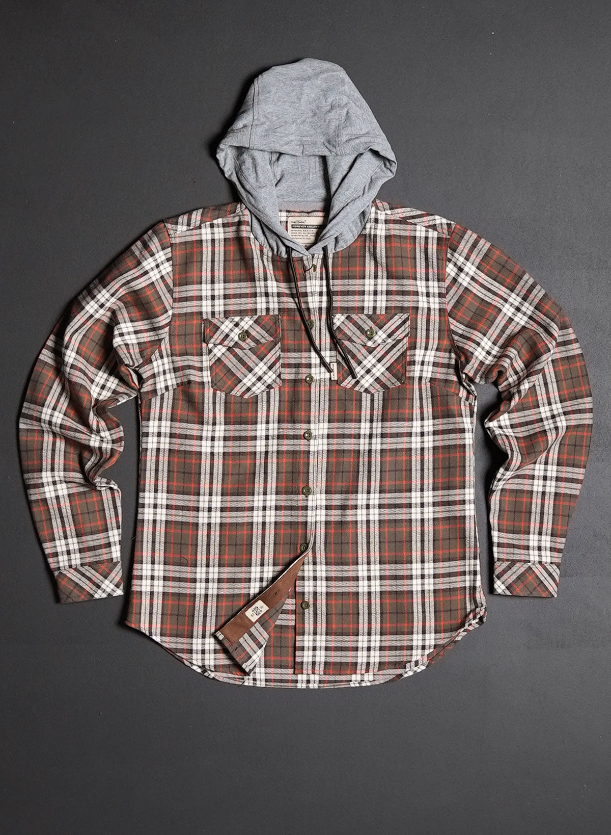 Women's Hooded No Handouts x Forever Flannel Shirt - Orange Plaid Cozy Overshirt for Fall & Winter Layering | Casual Outfit Essential for Outdoor Activities