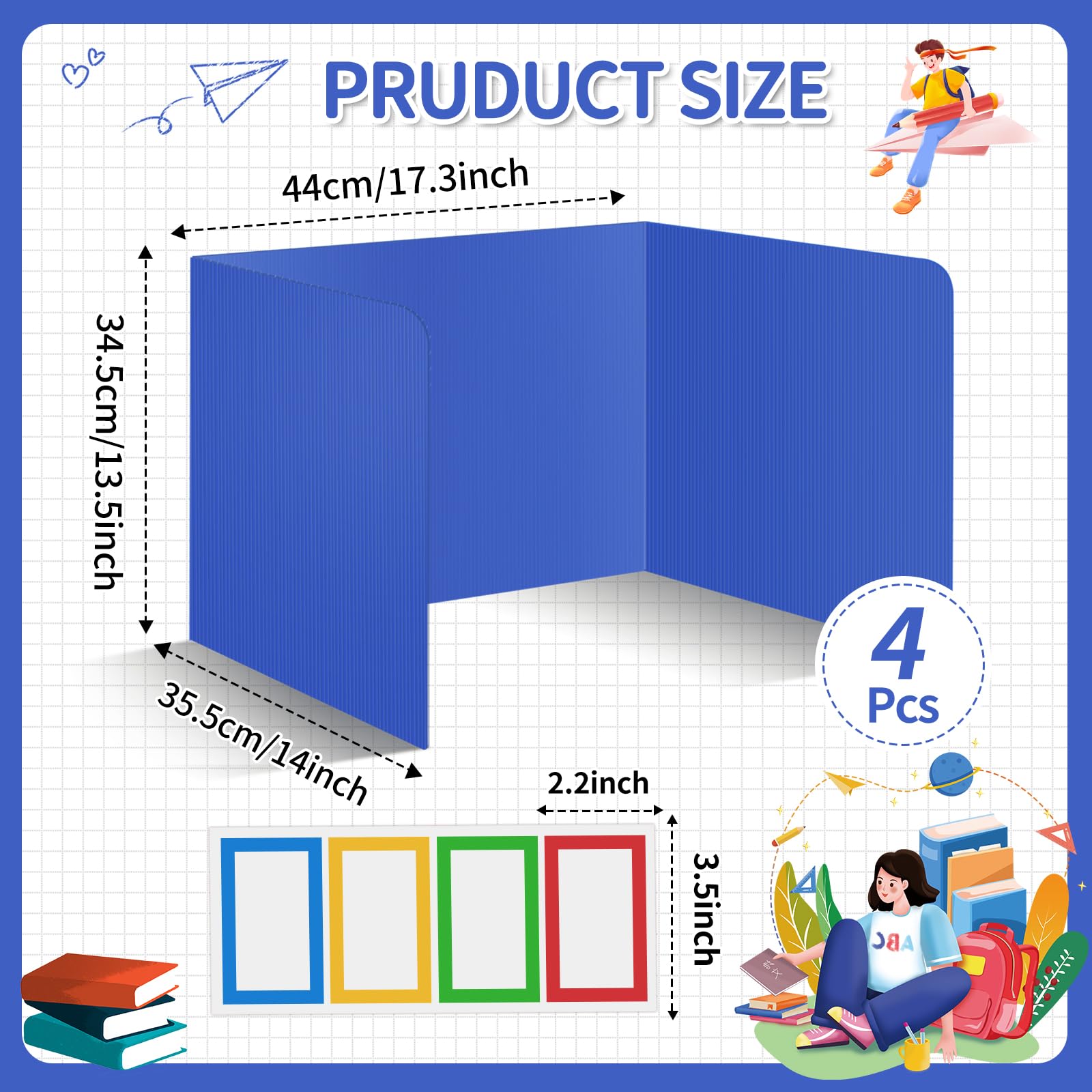 4-Pack Blue Plastic Desk Dividers for Students & Teachers - Privacy Folders, Classroom Test Partitions, Trifold Privacy Boards - Ideal for School, Study, and Exam Privacy (Blue)