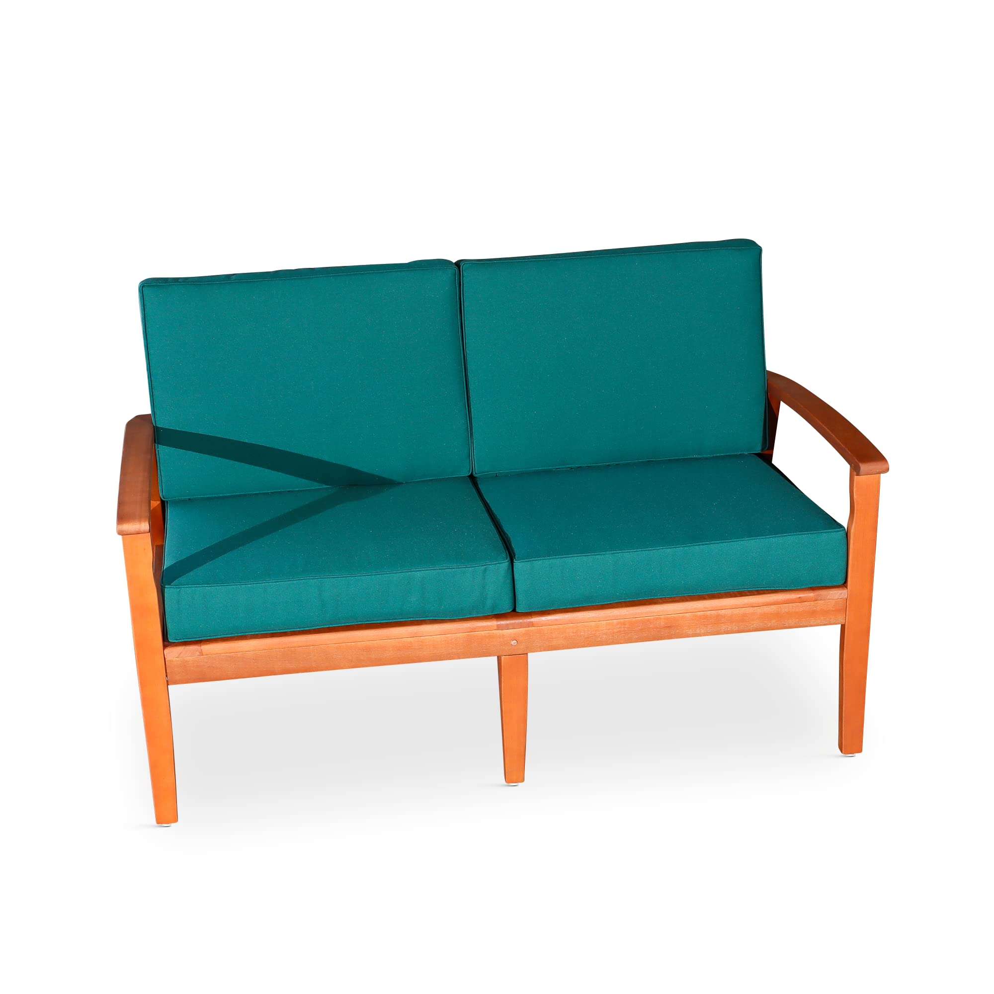 DTY Outdoor Living Longs Peak Eucalyptus Wood Loveseat with Waterproof Cushions - Natural Oil Finish, Dark Green Patio Furniture for Garden, Deck, Poolside & Backyard Relaxation