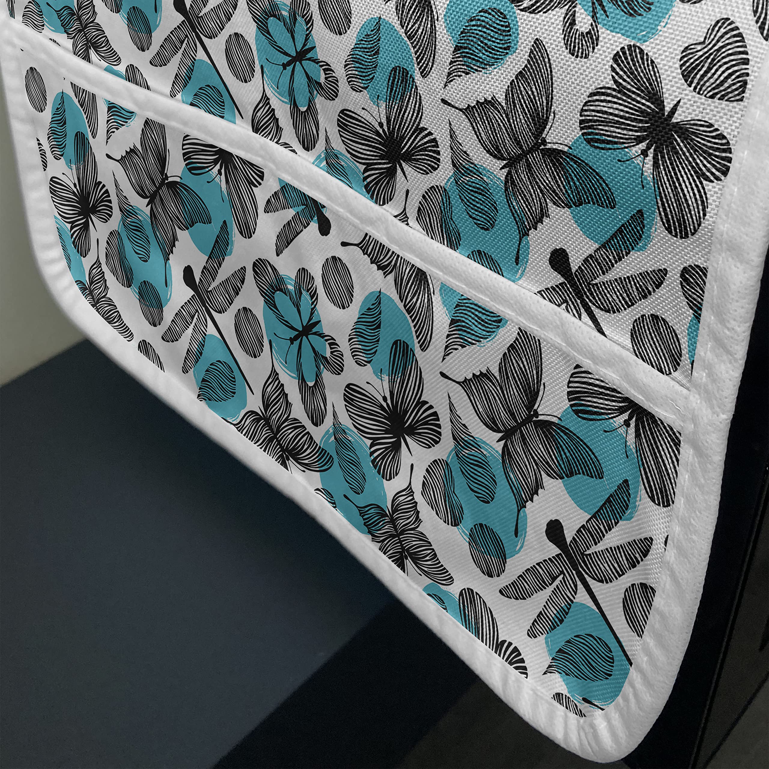 Ambesonne Waterproof Microwave Cover with Hand Drawn Butterfly & Dragonfly Wildlife Design - 36 x 12 Inch Sky Blue Black White Kitchen Organizer with Pockets - Perfect for Protecting Appliances & Adding Style to Your Home Kitchen Decor