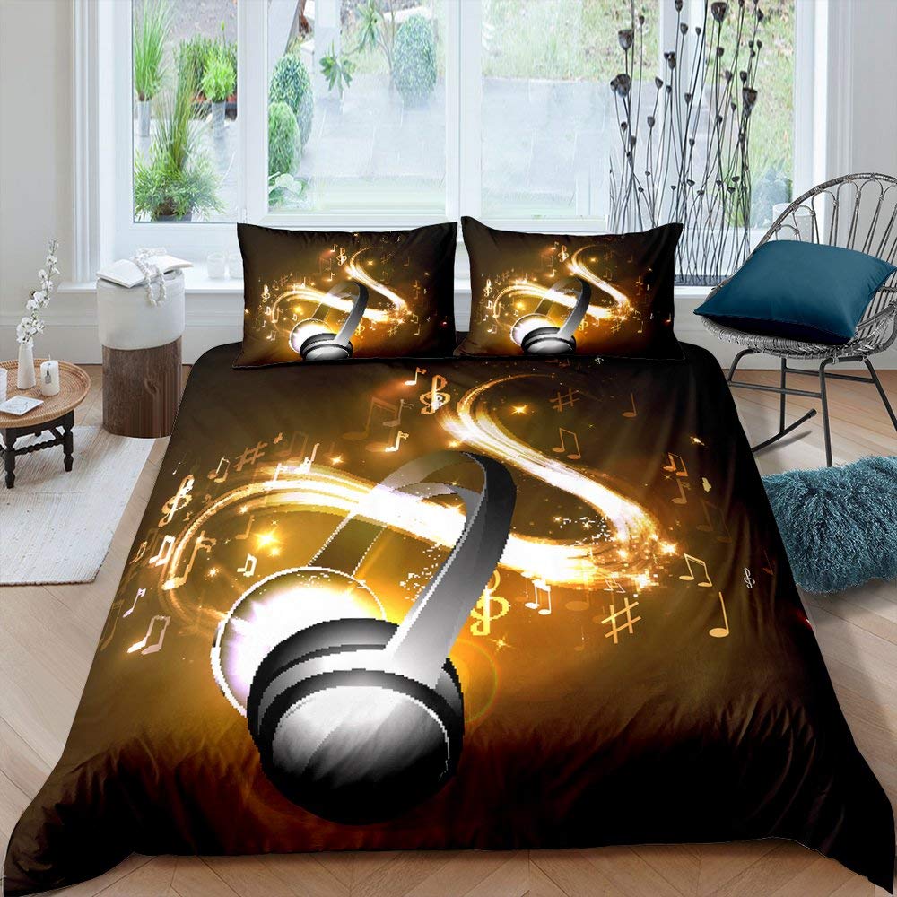 Erosebridal Full Size Musical Note Duvet Cover Set - Rock Music Themed Bedding for Kids, Teens & Adults - Perfect for Boys, Girls & Young Men's Hip Hop, Grunge or Hippie Style Bedroom Decor - Golden Color - Ideal for Music Lovers' Rooms, Dorm Decor & Gift Giving