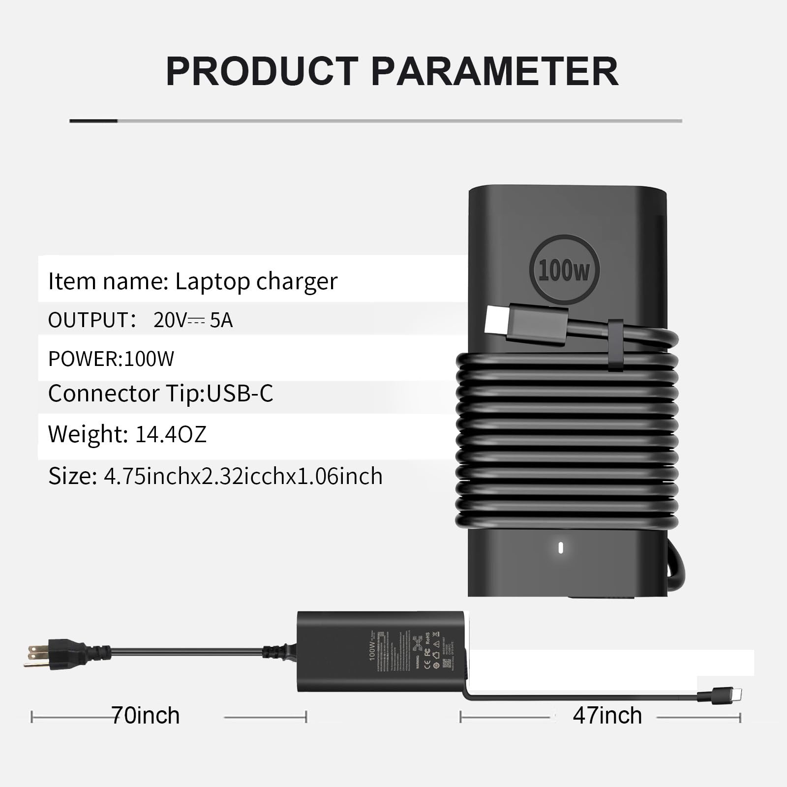 100W USB C Laptop Charger for DELL Latitude 5540 5440 5340 7440 & Inspiron 14 - Slim GAN AC Adapter Power Cord - Fast Charging for Work, Travel & Home Office Use