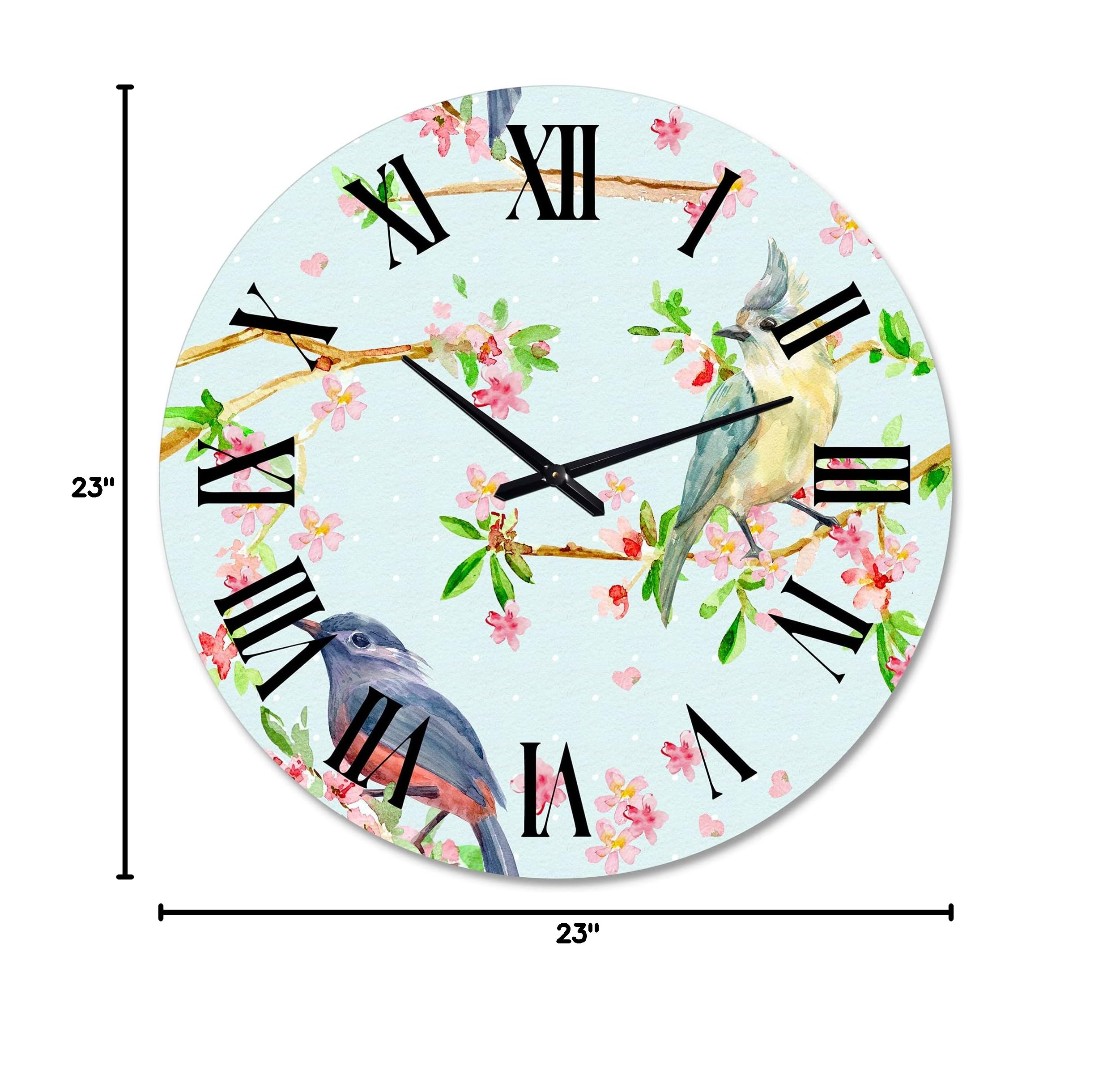 DesignQ Traditional Blue Flowers and Birds Wall Clock - Large Decorative Clock for Bedroom, Living Room, Office | Silent Non-Ticking Home Décor