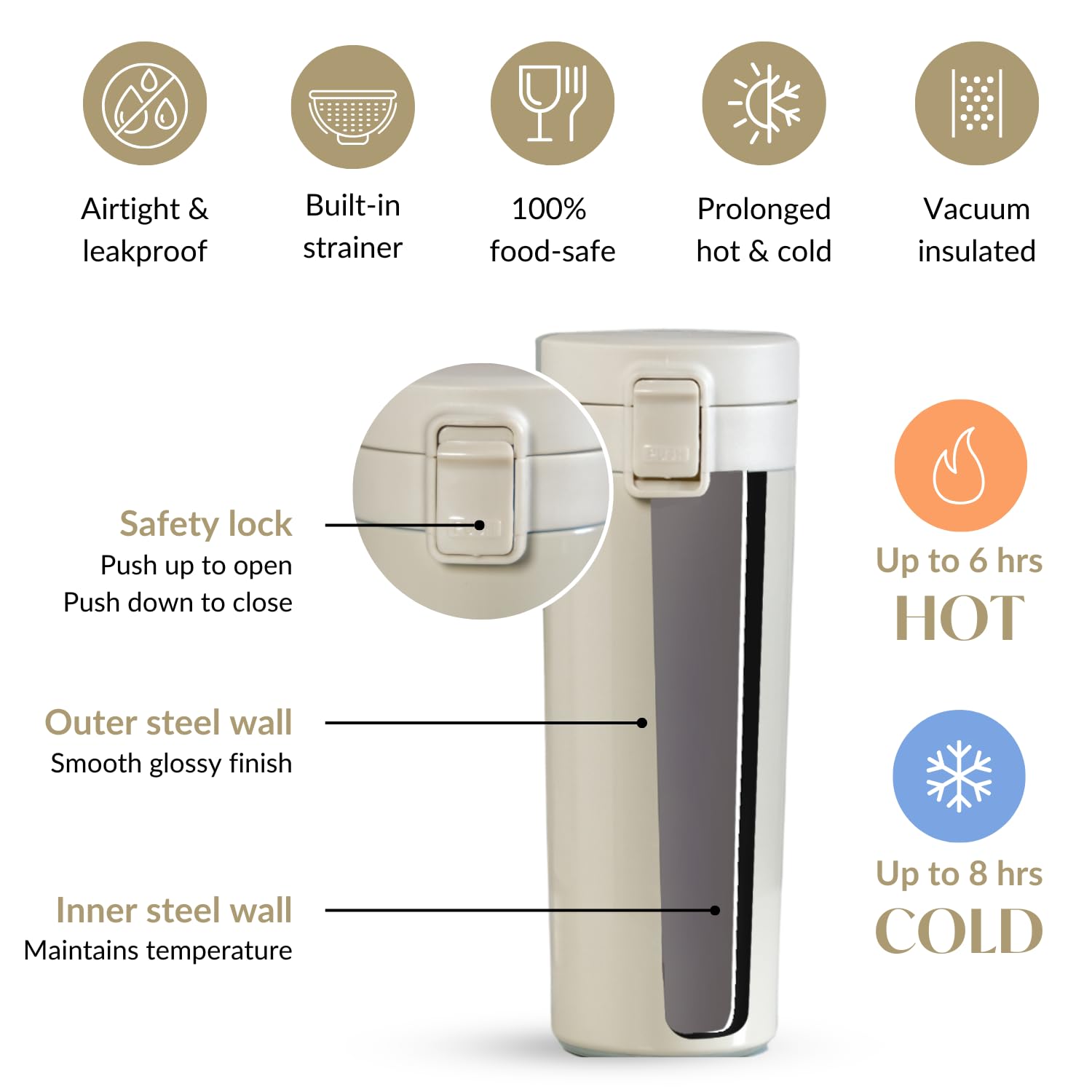 Nestasia 450ml Thermosteel Insulated Coffee Mug with Strainer - Leakproof Double Wall Vacuum Stainless Steel Tumbler for Hot & Cold Drinks - Rust Proof Travel Mug for Office, Camping & Gifting (Cream)