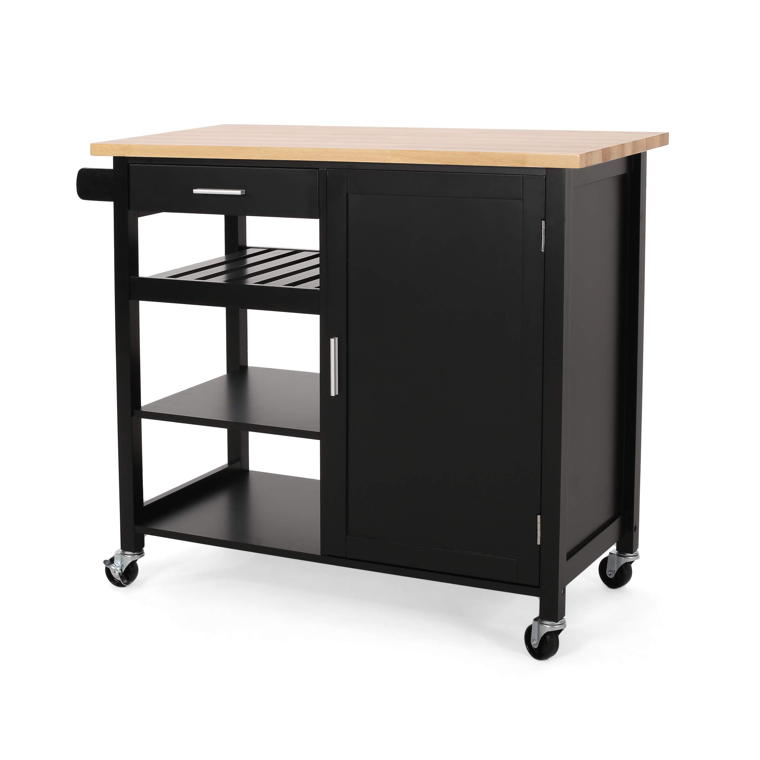 Christopher Knight Home Frances Contemporary Kitchen Cart with Wheels - Natural & Black - Rolling Kitchen Island for Small Spaces, Bar Cart, or Extra Countertop Storage