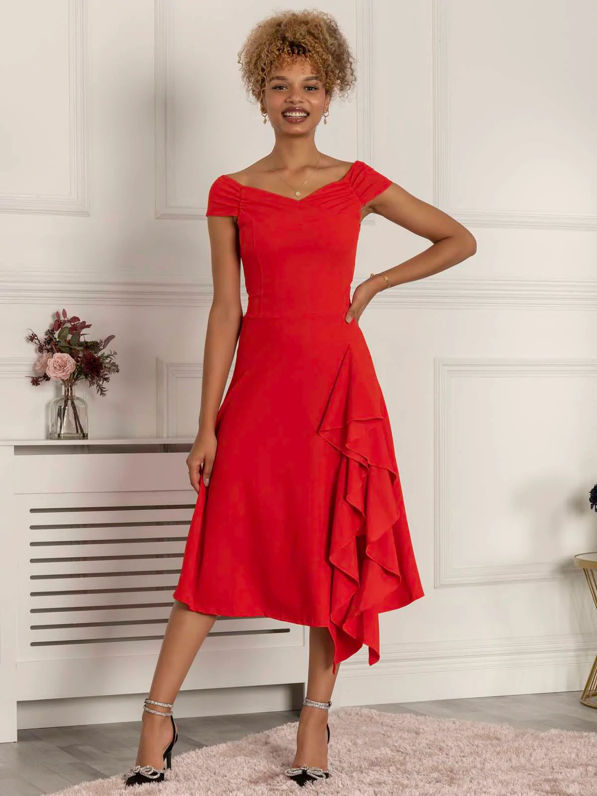 DESIREE Women's Floral Fit & Flare Dress - Scarlet Red, Elegant Ruffled Hem, A-Line Summer Dress for Parties, Dates & Special Occasions