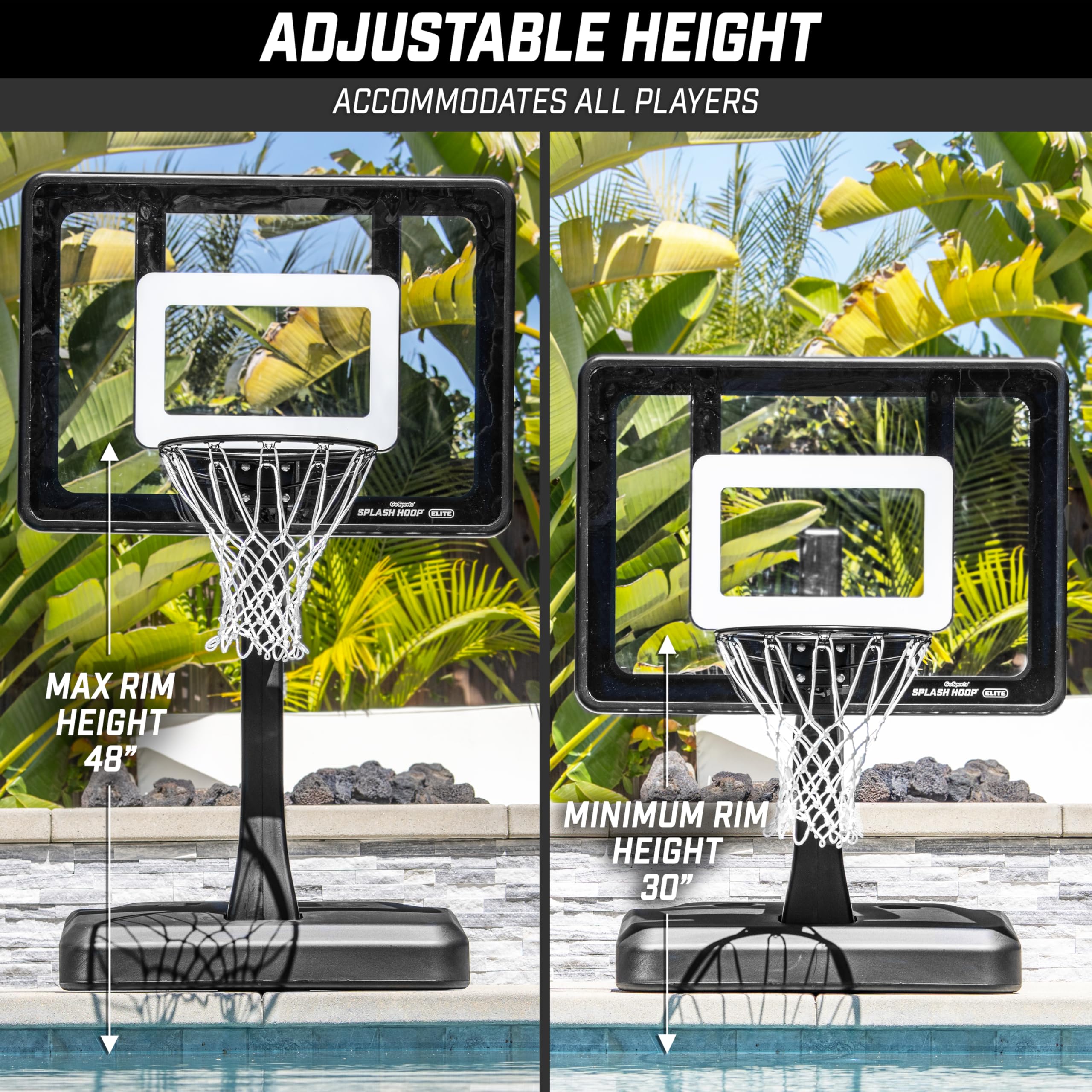GoSports Splash Hoop Elite - Adjustable & Fixed Height Pool Basketball Hoop with Water Weighted Base, Regulation Steel Rim & 2 Pool Basketballs - Perfect for Backyard Pool Parties, Summer Fun & Water Games