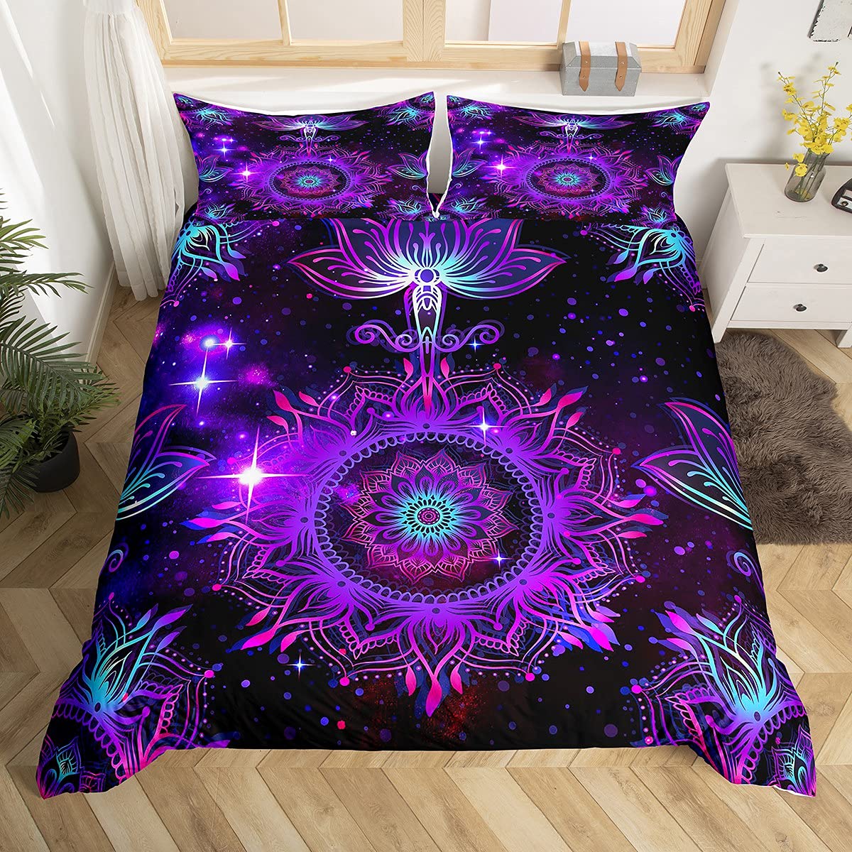 Purple Mandala Flower Duvet Cover Set Full Size - Bohemian Floral Botanical Bedding with 2 Pillowcases - Abstract Mysterious Art Flowers and Shiny Stars Pattern - Perfect for Boho Chic Bedroom Decor & Hippie Style Home Decorating