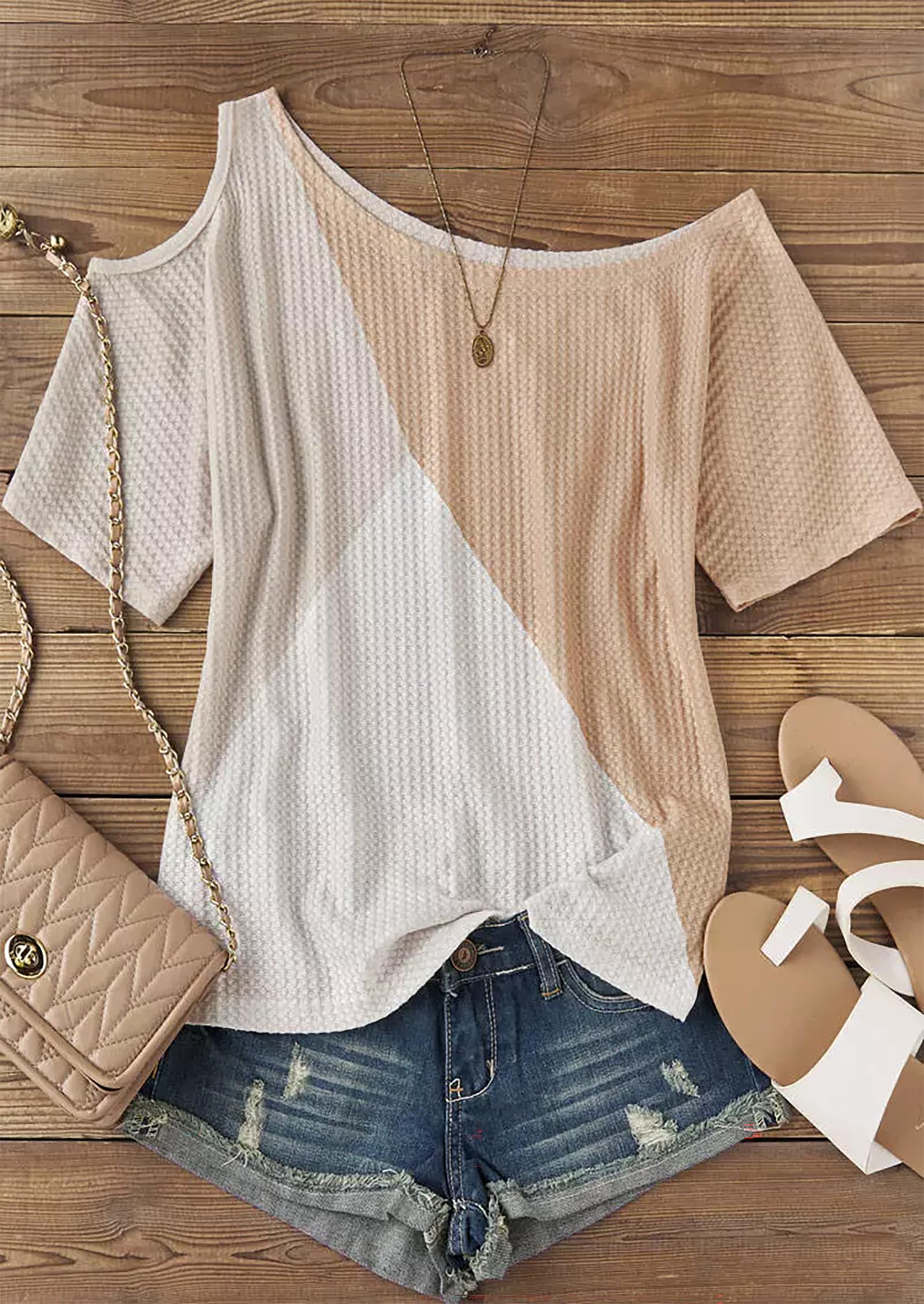 YeonYoonA Women's Color Block Waffle Cold Shoulder Blouse - Batwing Half Sleeve Loose Top for Casual Wear, Office Outfits & Spring Fashion