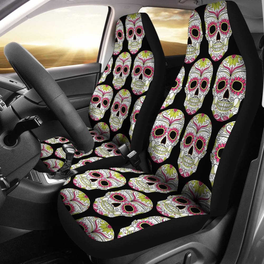 2 Pcs Sugar Skull Car Seat Covers - Day of The Dead Themed Seat Protectors for Cars, Trucks & SUVs | Perfect for Halloween, Dia de Los Muertos Celebrations & Unique Car Decor