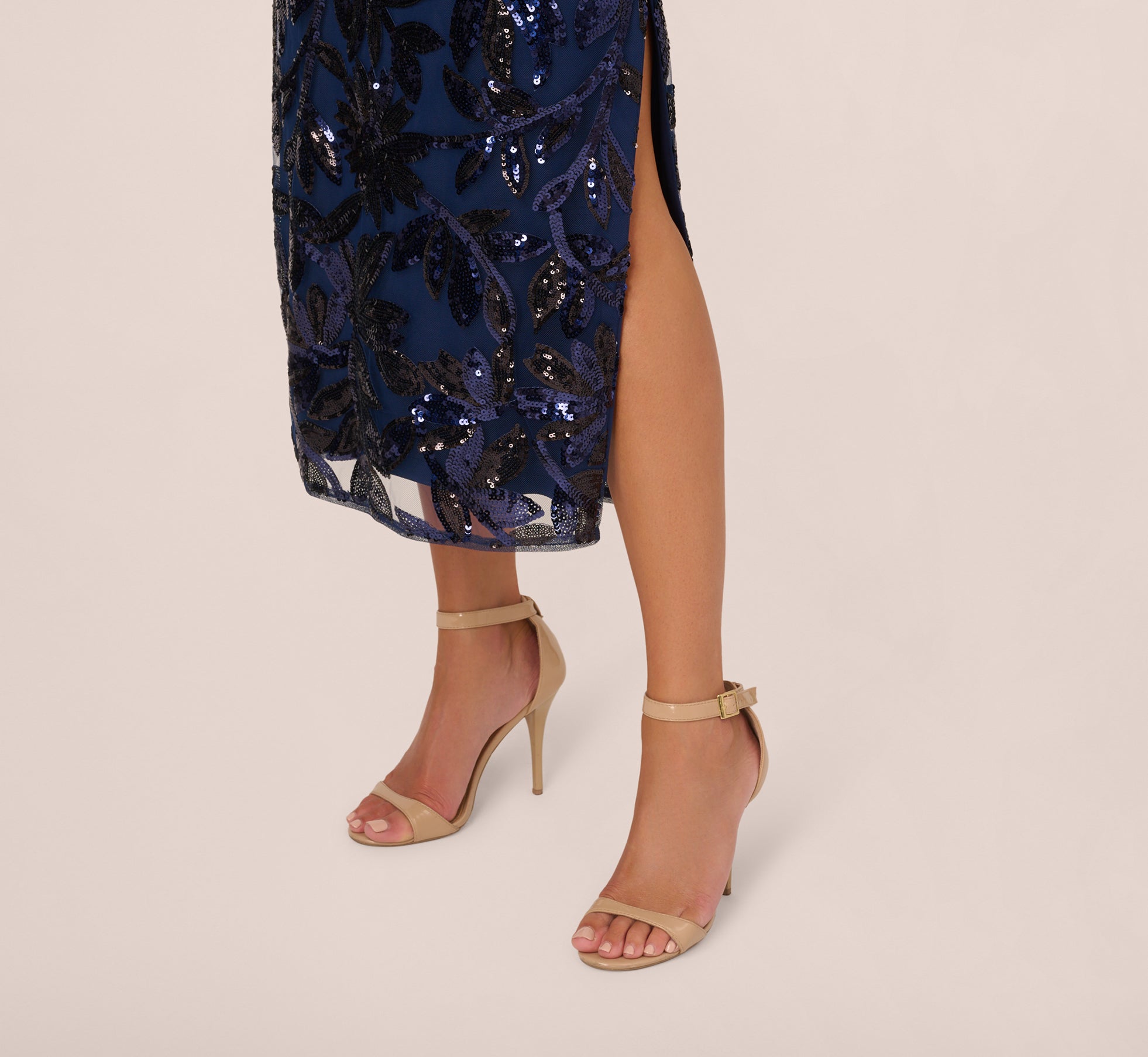 Sequin Leaf Halter Column Gown With Sheer Neckline in Navy Black - Elegant Evening Dress for Prom, Gala & Formal Events