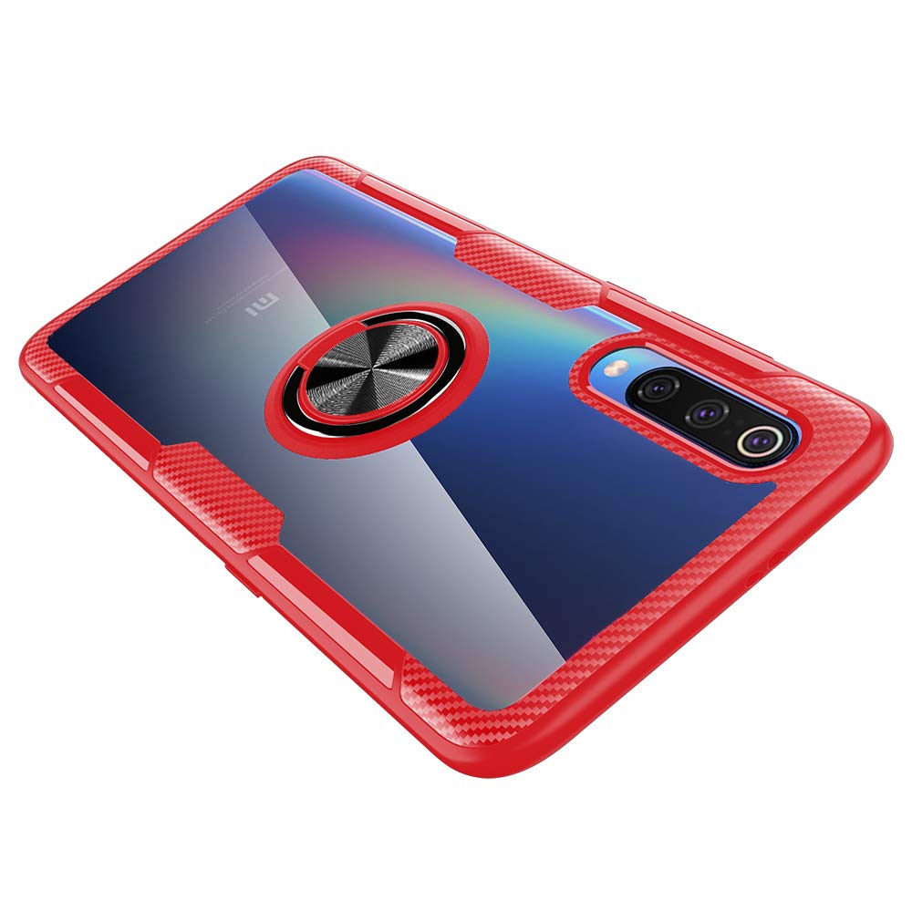 Xiaomi 9 Phone Case with Tempered Glass Screen Protector - Slim Hard Clear Cover & Magnetic Stand Ring Holder - Durable Protective Case for Xiaomi Mi 9 (Red) - Perfect for Work, Travel and Everyday Use