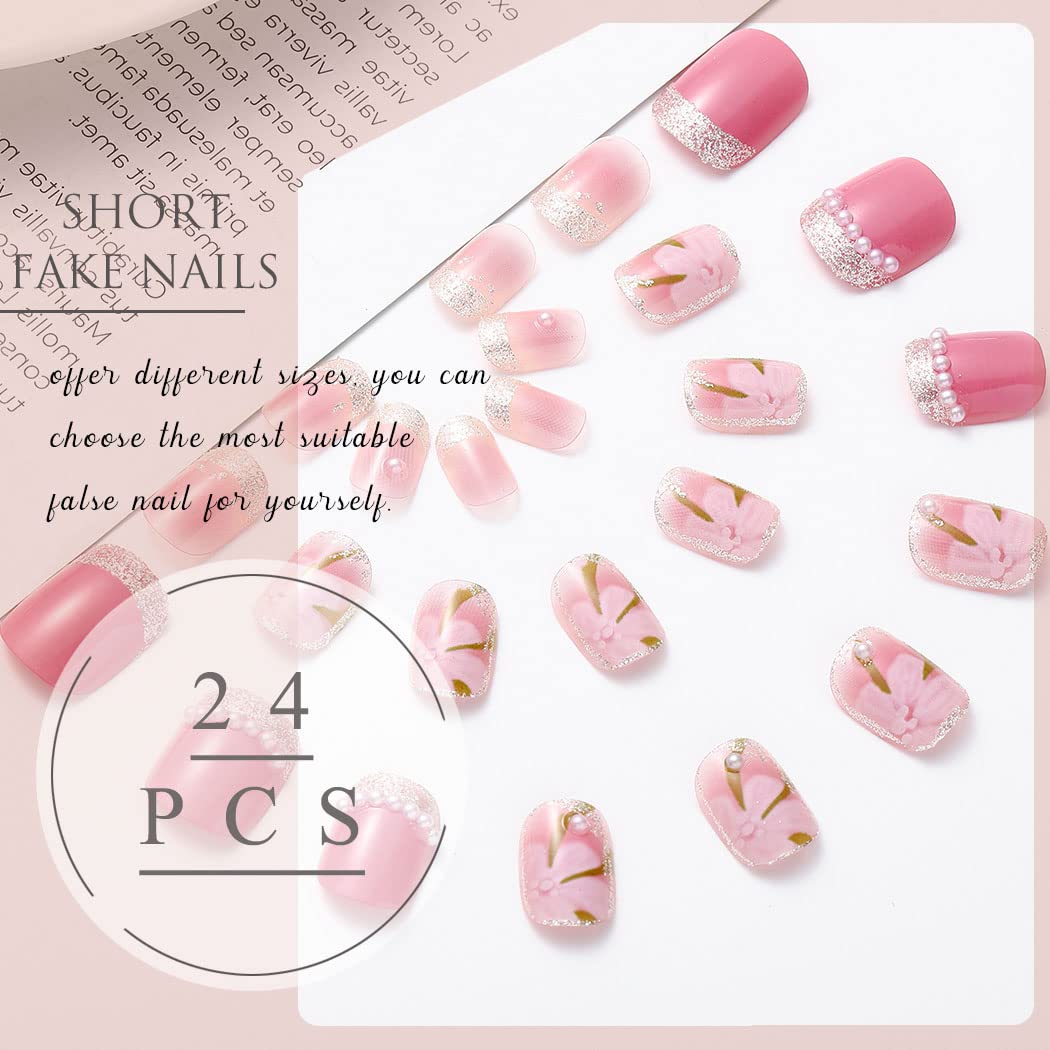 24pcs Uranian Square Press on Nails - Short French Fake Nails with Pearls & Flower Design, Glossy Pink False Nails with Bling Glitter - Full Cover Acrylic Nails Tips for Women & Girls (Flower Pink) | Perfect for Parties, Weddings, Date Nights & Special Occasions