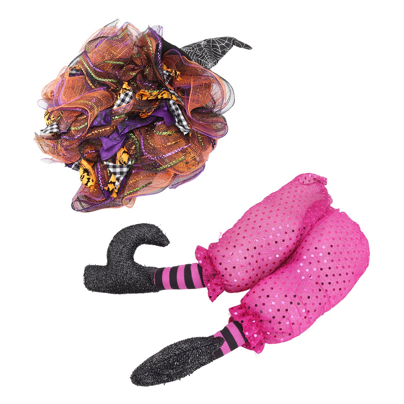 Minifinker Halloween Wreath - Lightweight Witch Decor with Ribbon & 2 Decorative Legs for Indoor Door Decor - Perfect for Halloween Party, Front Porch & Spooky Home Decorations