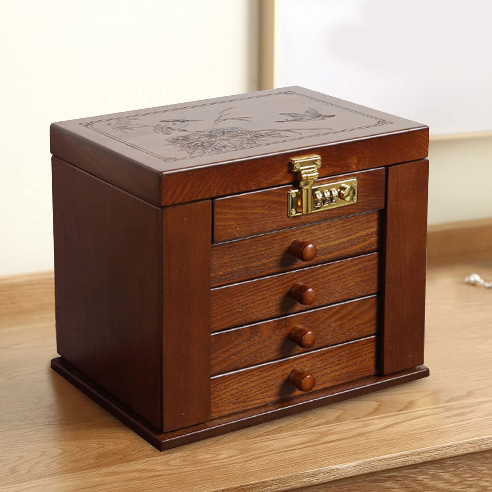 Wooden Jewelry Box Organizer with Combination Lock - Large Lockable Dresser Top Jewelry Storage Case with Mirror, Dark Brown - Perfect for Bedroom Vanity, Travel & Gift Giving