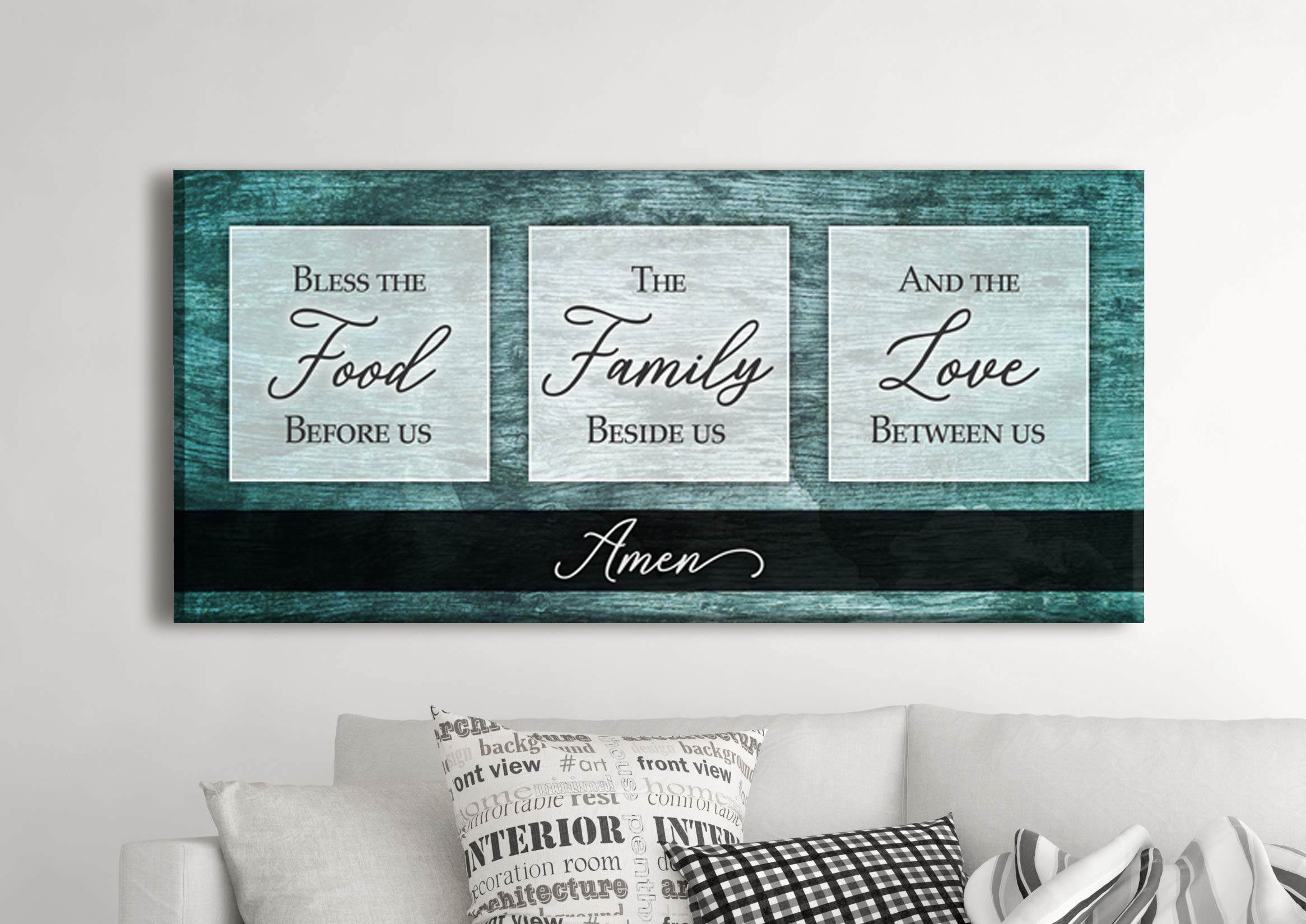 Bless the Food V2 (Teal) Framed Kitchen Wall Art Sign - 42x19 Inch Rustic Dining Room Decor | Perfect for Farmhouse, Cottage & Country Style Homes