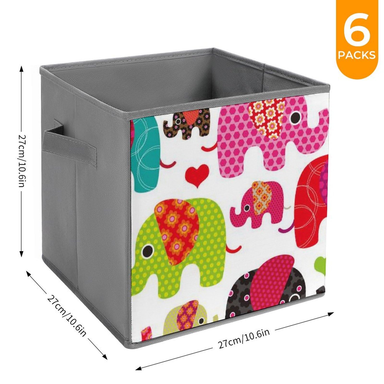 Colorful Elephant Print Foldable Storage Bins 6-Pack - 10.6x10.6x10.6 Inch Collapsible Cube Organizers with Handles for Closet, Shelves, Kids Room & Toy Storage