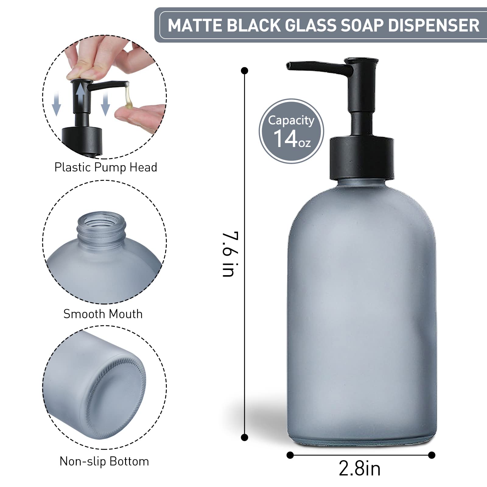 2-Pack Frosted Grey Glass Soap Dispenser - 14oz Refillable Bathroom Soap Dispenser for Hand Soap, Dish Soap & Essential Oils | Elegant Countertop Decor for Kitchen, Bathroom & Vanity