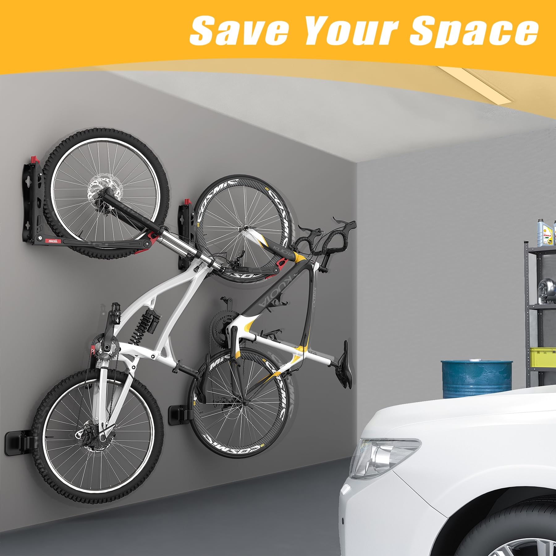 TORACK BIKEPAL Space Saving Wall Mounted Swivel Bike Racks - Vertical Bike Wall Hangers for Garage, Home & Apartment Storage (2 Pack) - Perfect for Indoor Cycling Equipment Organization & Small Space Solutions
