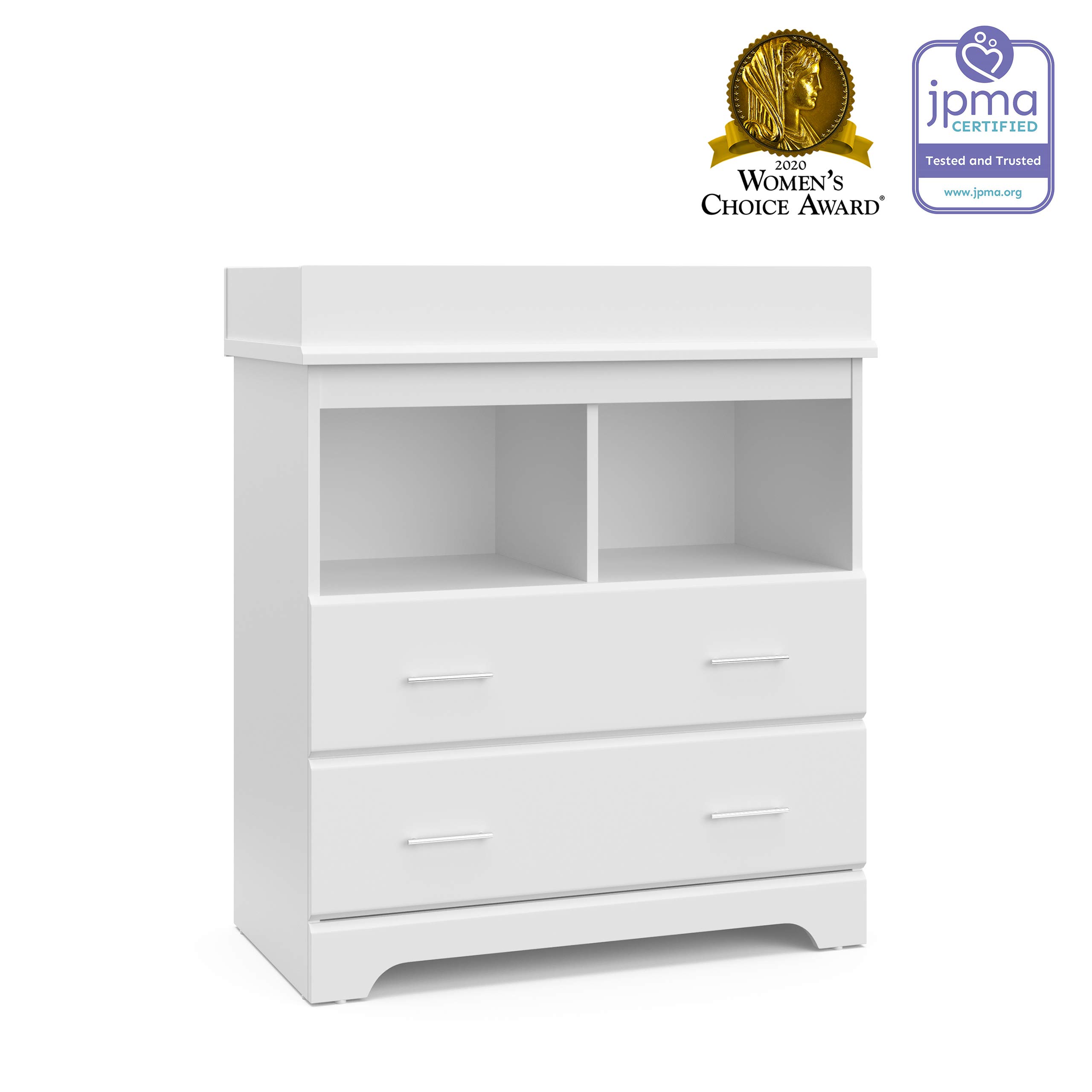 Storkcraft Brookside 2-Drawer Changing Table Dresser in White - GREENGUARD Gold Certified Baby Nursery Dresser with Changing Topper | Sturdy Baby Changing Station & Storage Solution for Nursery, Kids Bedroom & Daycare Use