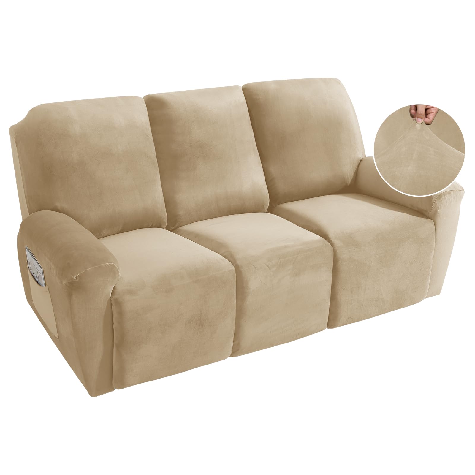 MAXIJIN 8-Piece Stretch Velvet Recliner Sofa Cover Set - Soft, Thick & Washable Slipcovers for 3-Cushion Reclining Couches (Camel Color) - Perfect for Living Room, Home Theater & Family Room Furniture Protection