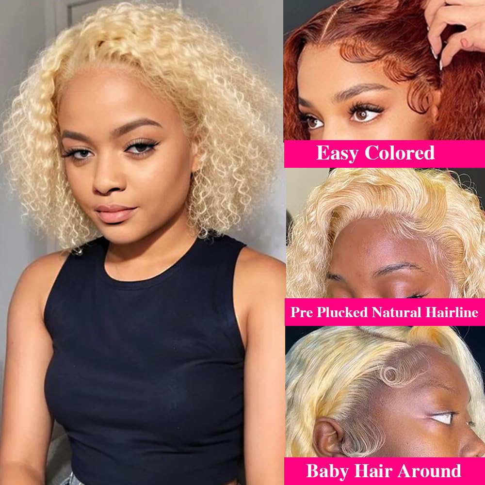 613 Blonde Bob Wig Human Hair 13x4 Lace Front Wig - Short Curly Bob Wigs for Black Women with Pre-Plucked Baby Hair & 180% Density (12 Inch) - Perfect for Cosplay, Daily Wear & Special Occasions