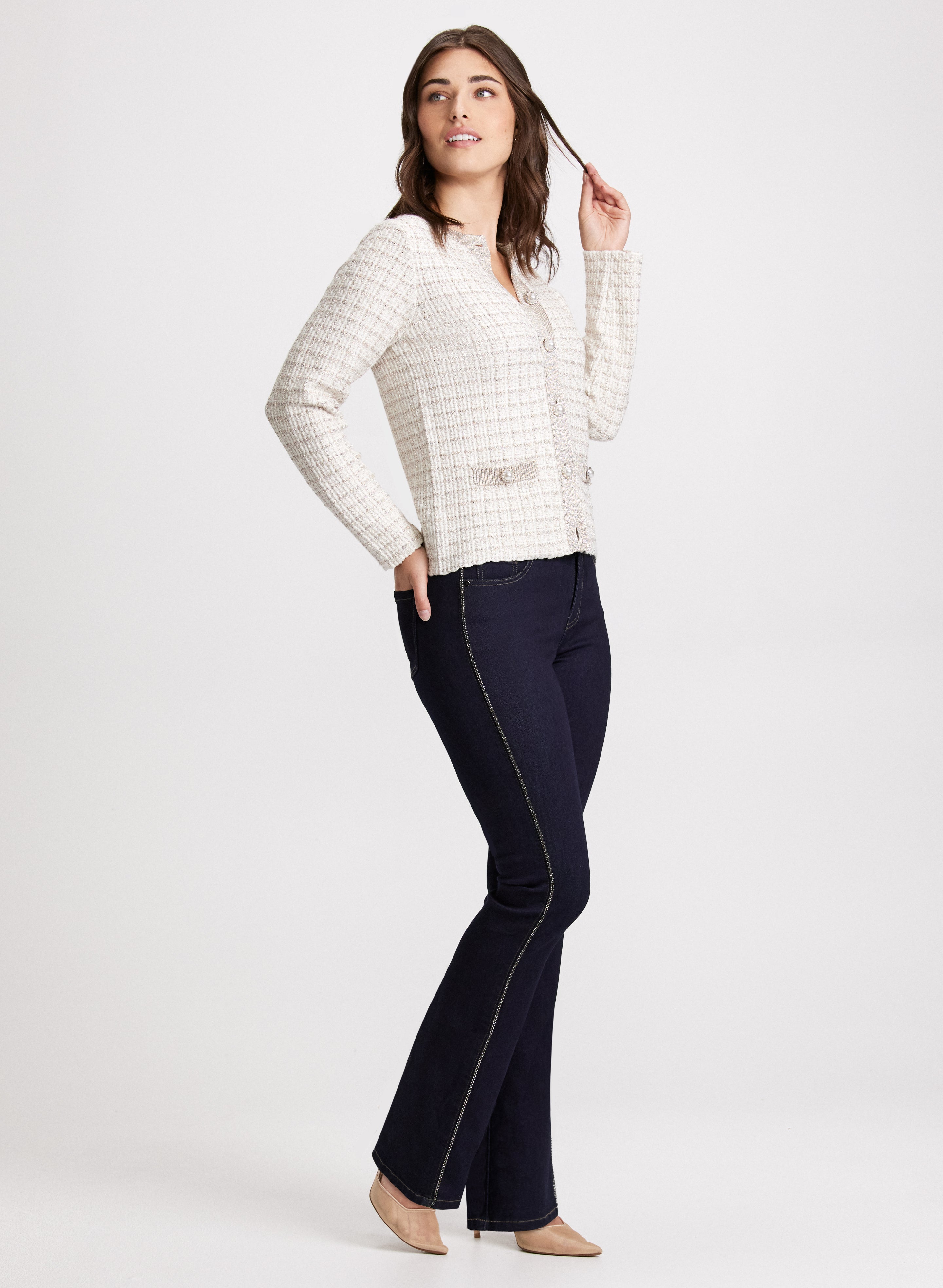 Stylish Bouclé Cardigan & Flare Leg Jeans Set for Women | Trendy Knit Sweater & High Waist Denim Pants | Perfect for Fall Outfits, Casual Wear & Coffee Dates