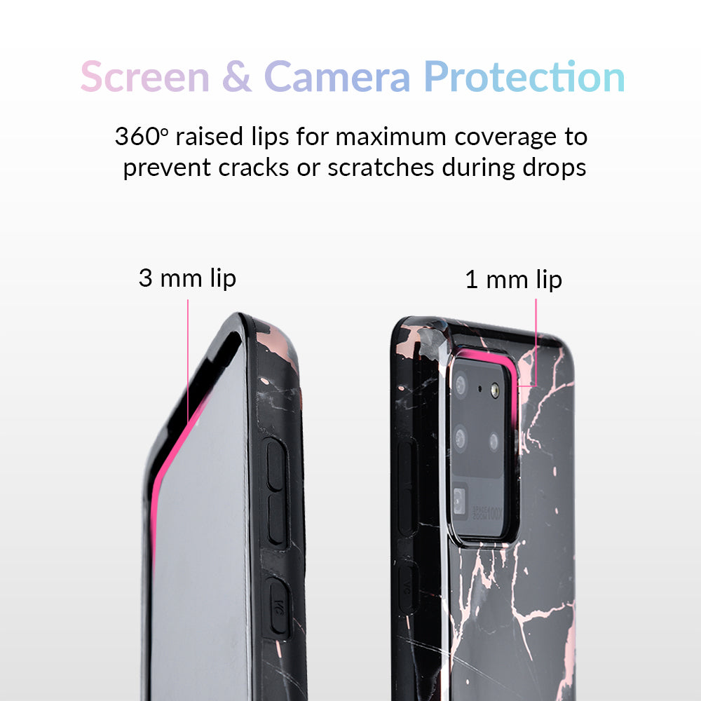 Samsung Galaxy Case in Black Marble with Rose Gold Chrome - Stylish & Protective Phone Cover for Everyday Use, Work, and Travel