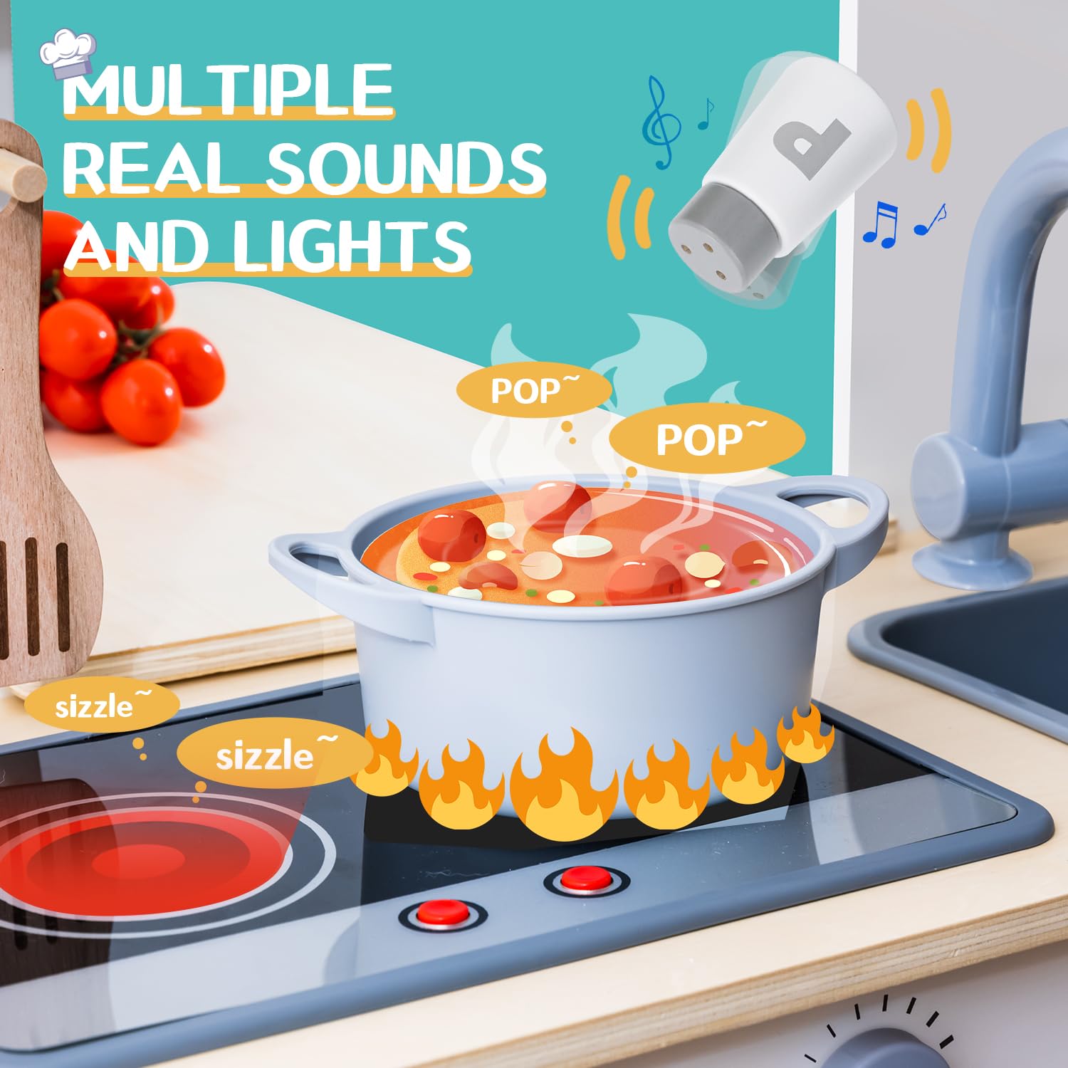 **Deli Kids Wooden Play Kitchen Set for Toddlers - Realistic Lights & Sounds, Stove, Oven, Ice Maker, Sink & Faucet - Pretend Cooking Toy for Imaginative Play & Role-Playing Fun**